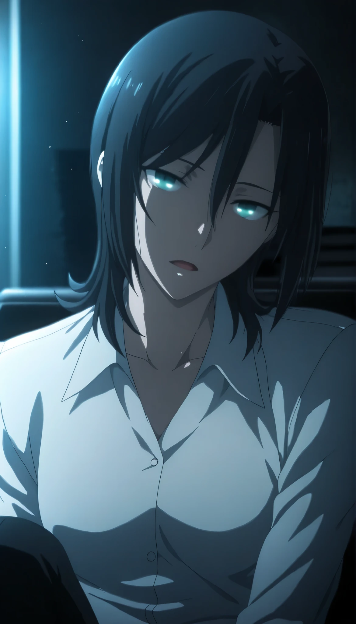 <lora:KnK_aozaki_toukoXLIllustrious001>,
masterpiece,best quality,good quality,newest, detailed face,
office, dark , ,
, light open mouth,
looking at viewer,
solo,
anime coloring,
aozaki_touko\(kara_no_kyoukai\),1girl,(flipped hair), ((inverted medium cut hair)), ((black hair)), bangs, medium hair, (green blue eyes),(detailed beautiful eyes),,
small breasts ,flat chest, (aged up:1.2),
(white shirt) ,black pants ,head tilt,
sitting,