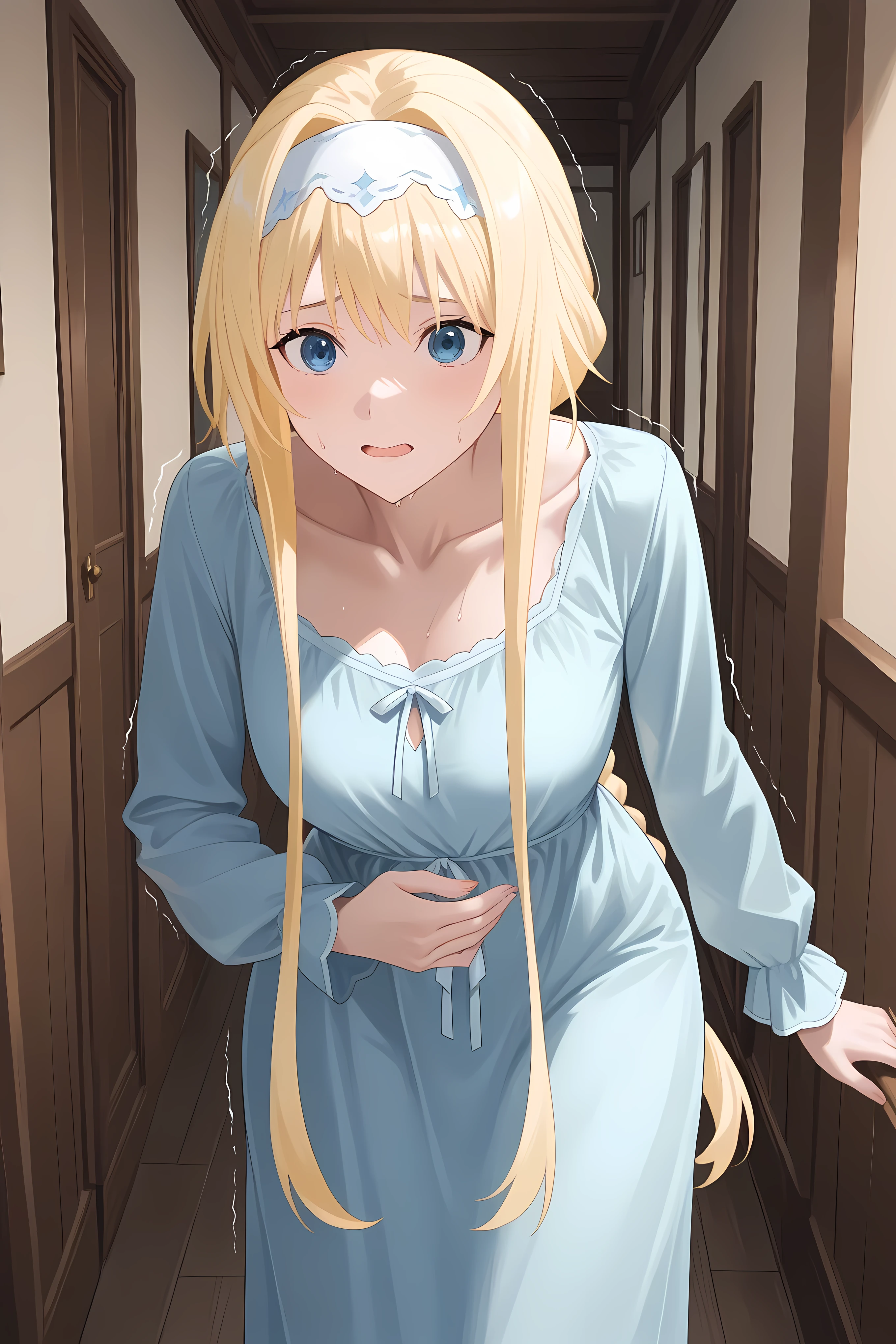 braided ponytail, long hair, blonde hair, blue eyes, white hairband,AliceSleepwear, collarbone, sleepwear, light blue dress, long dress, long sleeves, cowboy shot, Solo, general, masterpiece, highres, ultra-detailed, hyper-detailed, best quality, amazing quality, very aesthetic, best hands, best eyes, best hand
adult woman, 1woman, hand on own stomach, sweat, leaning forward, nervous, scared, trembling legs, grand wooden hallway,