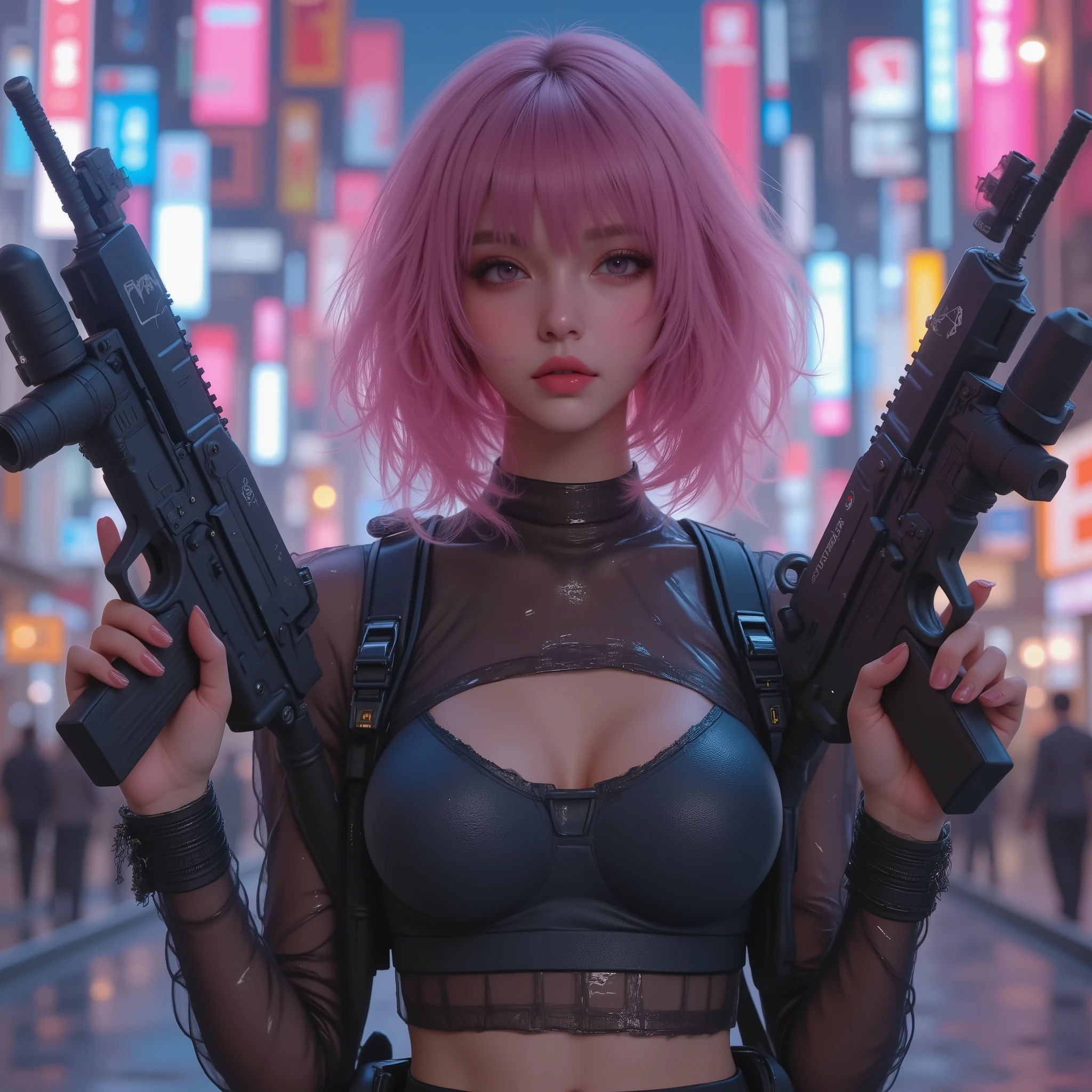 Photo Real、realistic skin texture、tight cyberpunk fashion、Fluffy Shoulder-Length Hair、dim cyberpunk city、beautiful pink eyes、pink hair、Assault Rifles that can handle 2 at the same time