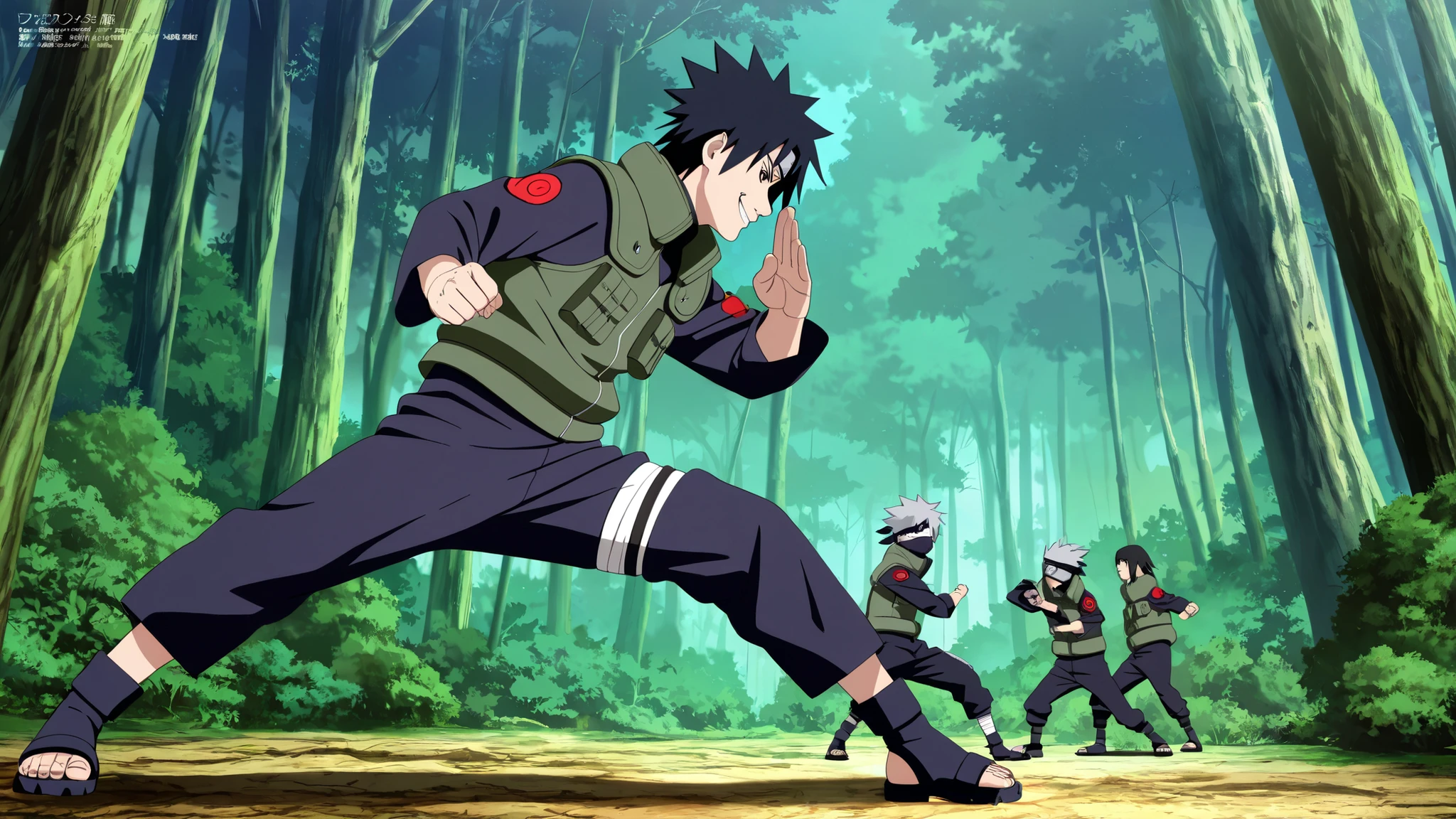  1 boy,Wearing a white Kabuki mask((( Take a fighting stance,side view ))), anime characters in green vests and black pants standing in a forest, itatchi uchiha, kakashi hatake, kakashi, sasuke uchiha, choke smirk smile grin, itachi uchiha, itachi, detailed anime, highley detailled face, akatsuki akira, avatar image,masterpiece,best quality,amazing quality,professional quality ,very aesthetic ,newest,scenery, ultra detailed ,highly detailed ,intricate , absurdres , high resolution , 4K , 8K , unity 8k wallpaper , crisp quality , sharp focus , rich contrast , rating_explicit , official art, official style,source_anime,anime screencap,anime coloring,megami magazine,anime,animated, (((black hair,obito style hair))), full body ,side view,Fighting with the black-robed 4ninja