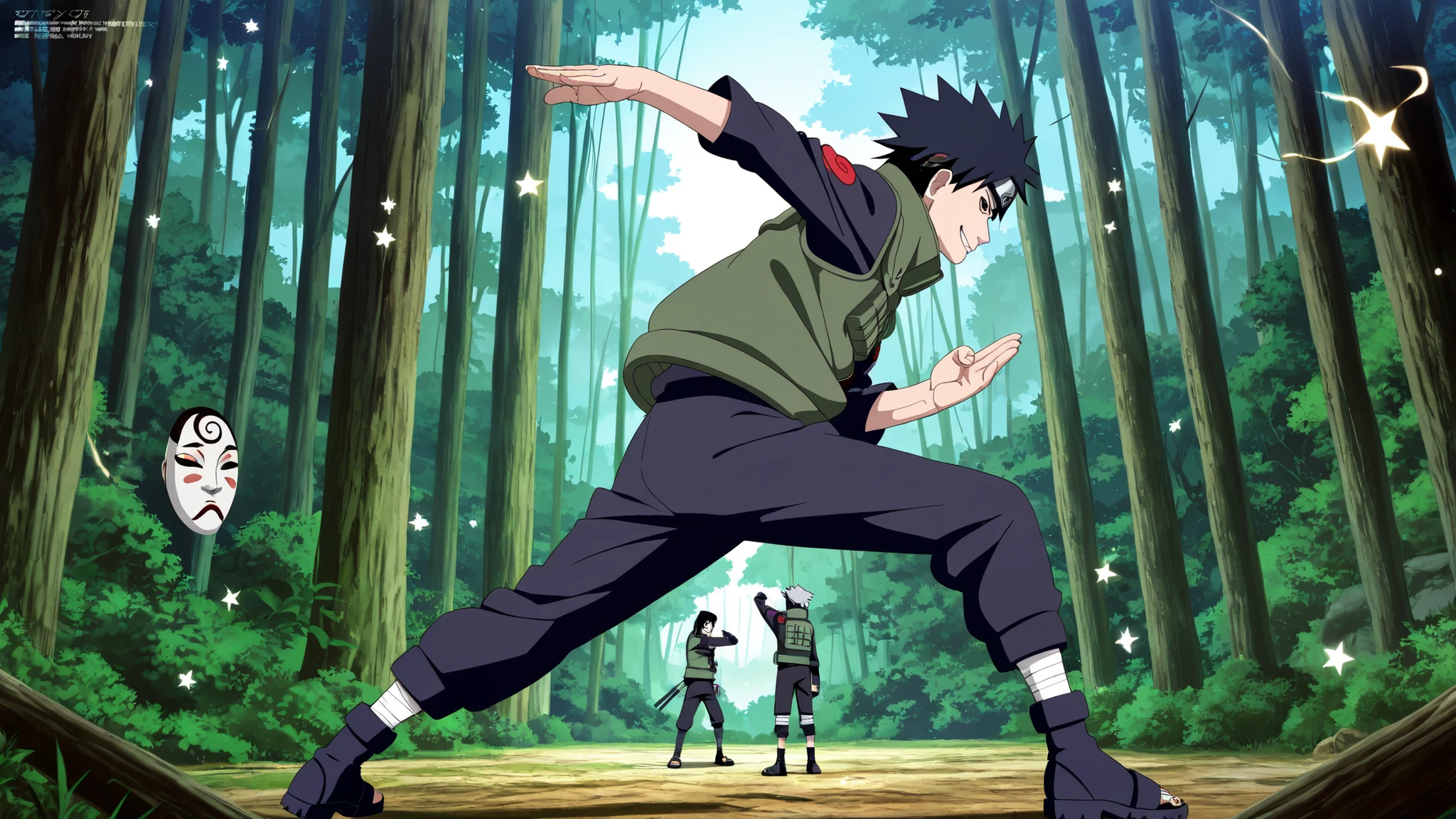  1 boy,Wearing a white Kabuki mask((( Take a fighting stance ,Throwing stars,side view ))), anime characters in green vests and black pants standing in a forest, itatchi uchiha, kakashi hatake, kakashi, sasuke uchiha, choke smirk smile grin, itachi uchiha, itachi, detailed anime, highley detailled face, akatsuki akira, avatar image,masterpiece,best quality,amazing quality,professional quality ,very aesthetic ,newest,scenery, ultra detailed ,highly detailed ,intricate , absurdres , high resolution , 4K , 8K , unity 8k wallpaper , crisp quality , sharp focus , rich contrast , rating_explicit , official art, official style,source_anime,anime screencap,anime coloring,megami magazine,anime,animated, (((black hair,obito style hair))), full body ,side view,Fighting with the black-robed 4ninja