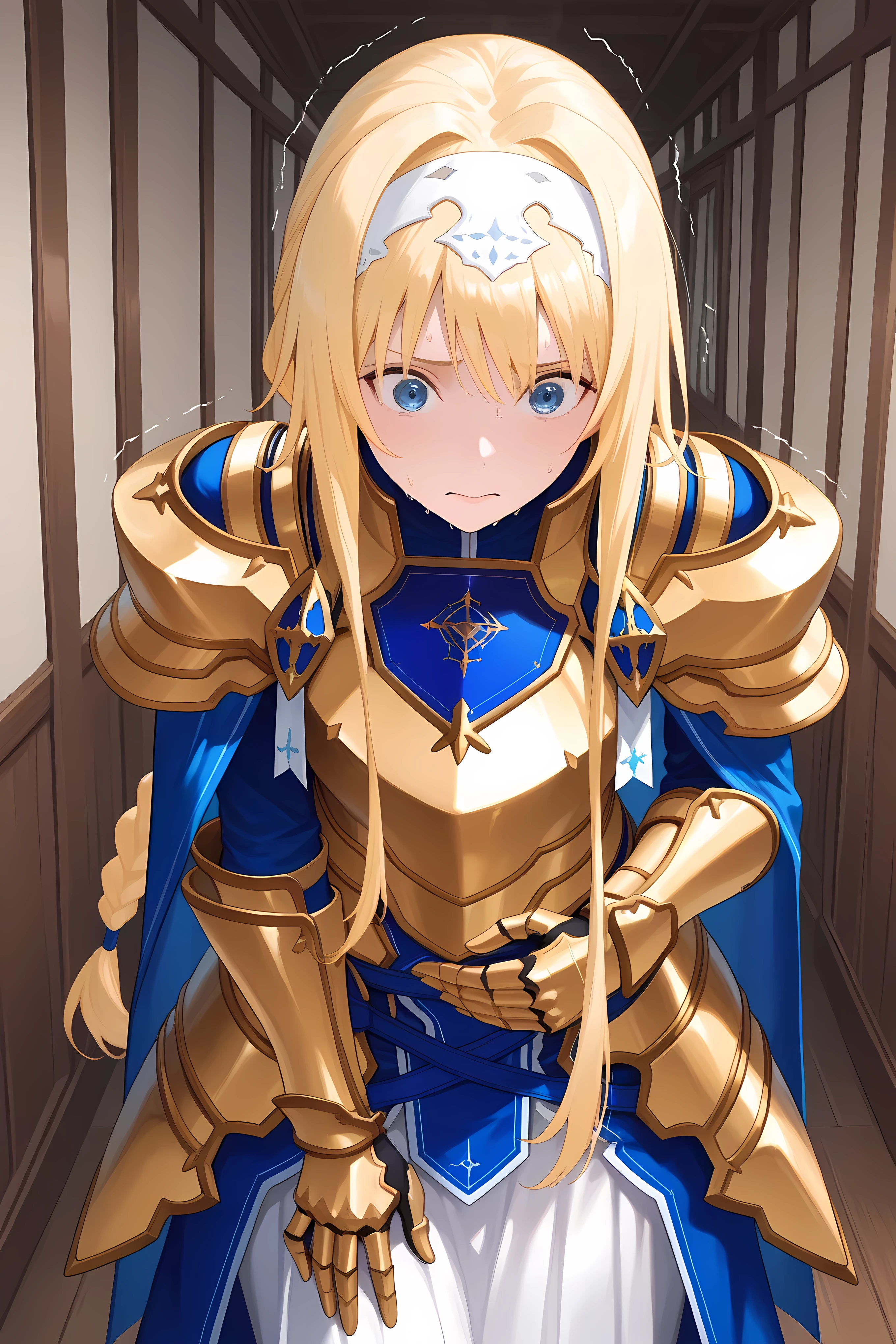 braided ponytail, long hair, blonde hair, blue eyes, white hairband,AliceArmor, gold armor, pauldrons, blue cape, gauntlets, faulds, long skirt, white skirt, upper body shot,    ,Solo, general, masterpiece, highres, ultra-detailed, hyper-detailed, best quality,  amazing quality, very aesthetic, best hands, best eyes, best hand
adult woman, 1woman, hand on own stomach, sweat,  leaning forward, nervous, scared, trembling legs, grand wooden hallway, 
