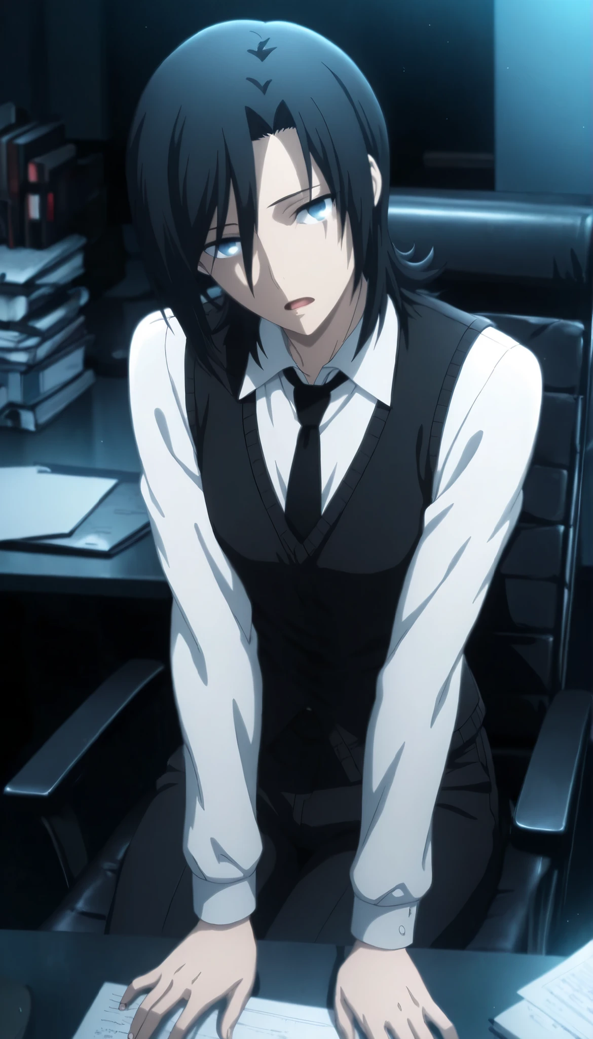 <lora:KnK_aozaki_toukoXLIllustrious001>,
masterpiece,best quality,good quality,newest, detailed face,
office, dark , ,
, light open mouth,
looking at viewer,
solo,
anime coloring,
aozaki_touko\(kara_no_kyoukai\),1girl,(flipped hair), ((inverted medium cut hair)), ((black hair)), bangs, medium hair, (marine blue eyes),(detailed beautiful eyes),,
((flat chest)), (aged up:1.5), slim body,
(white shirt), black vest, knit vest, black necktie ,black pants ,head tilt,
sitting,