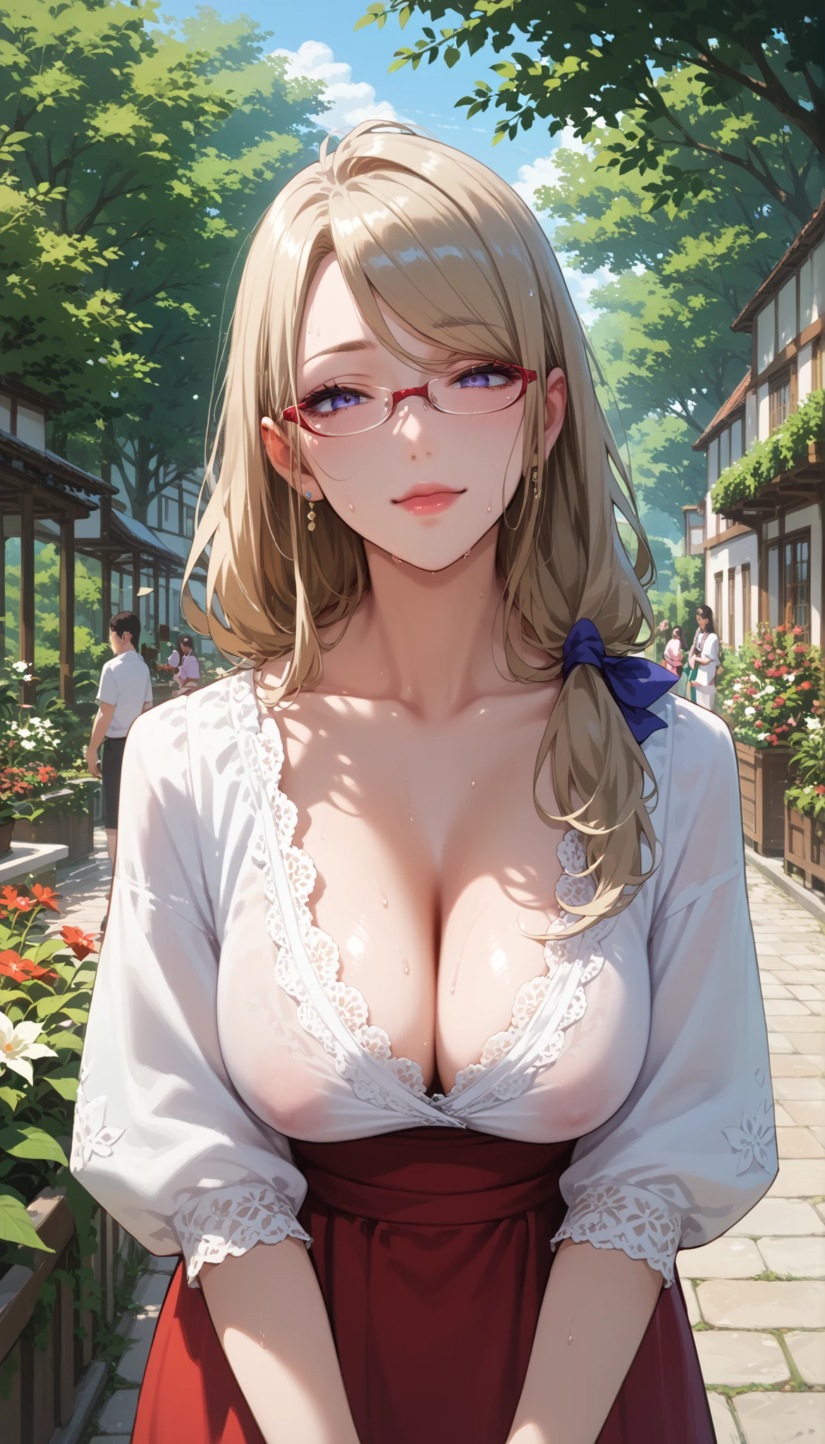 Score_9, Score_8_up, Score_7_up, Score_6_up, Score_5_up, Score_4_up, Source_anime, anime art, anime style, masterpiece, best quality, 1girl, mature woman, , , Rize Kamishiro,,sweating, looking at you, lips, , in pain face, long hair ,glasses on, casual clothes, in garden , saggy breasts