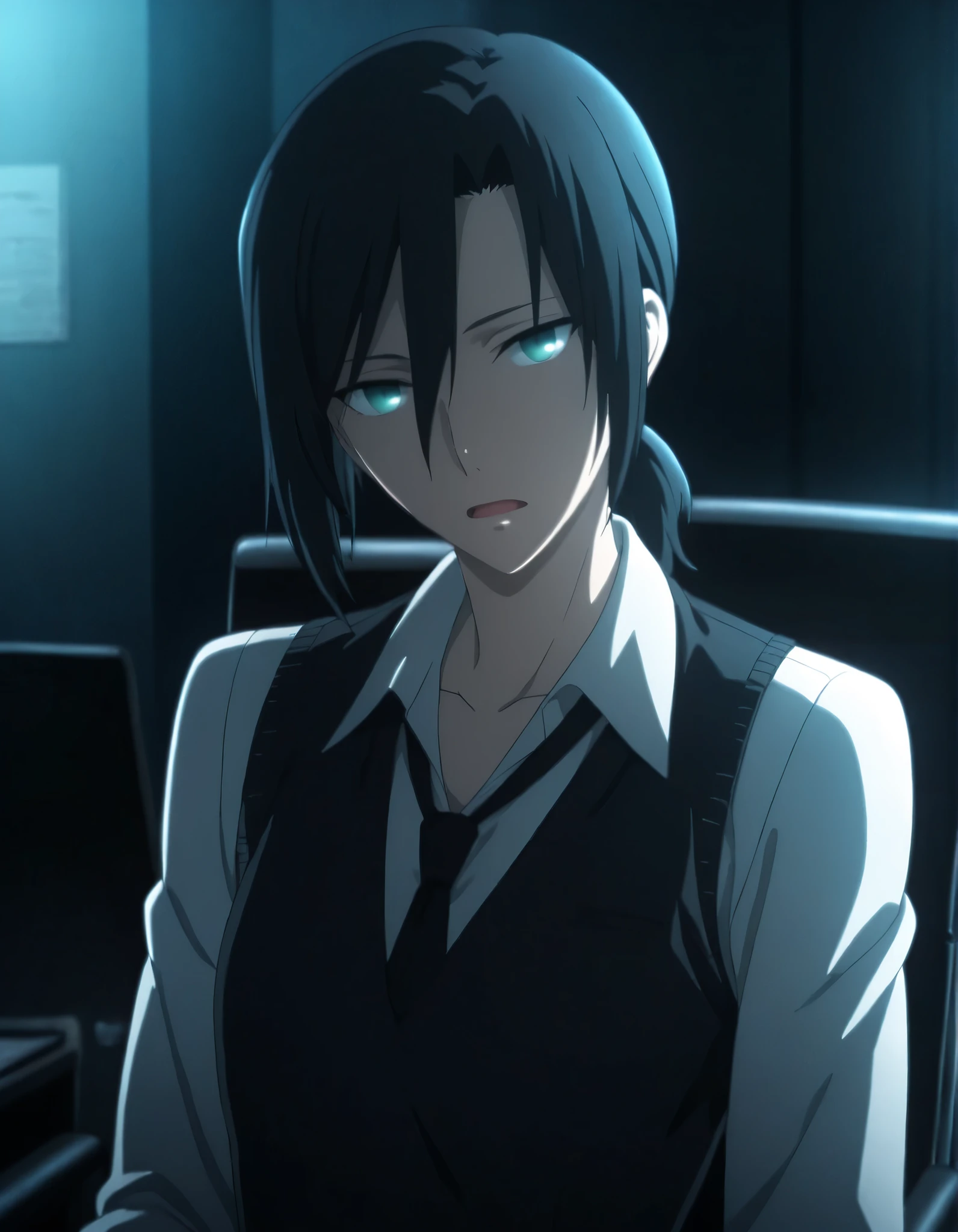 <lora:KnK_aozaki_toukoXLIllustrious001>,
masterpiece,best quality,good quality,newest, detailed face,
office, dark , ,
, light open mouth,
looking at viewer,
solo,
anime coloring,
aozaki_touko\(kara_no_kyoukai\),1girl,(low ponytail), ((inverted medium cut hair)), black hair, bangs, medium hair, (green blue eyes),
((flat chest)), (aged up:1.5), slim body,
(white shirt), black green vest, knit vest, black necktie , ,head tilt,
sitting,