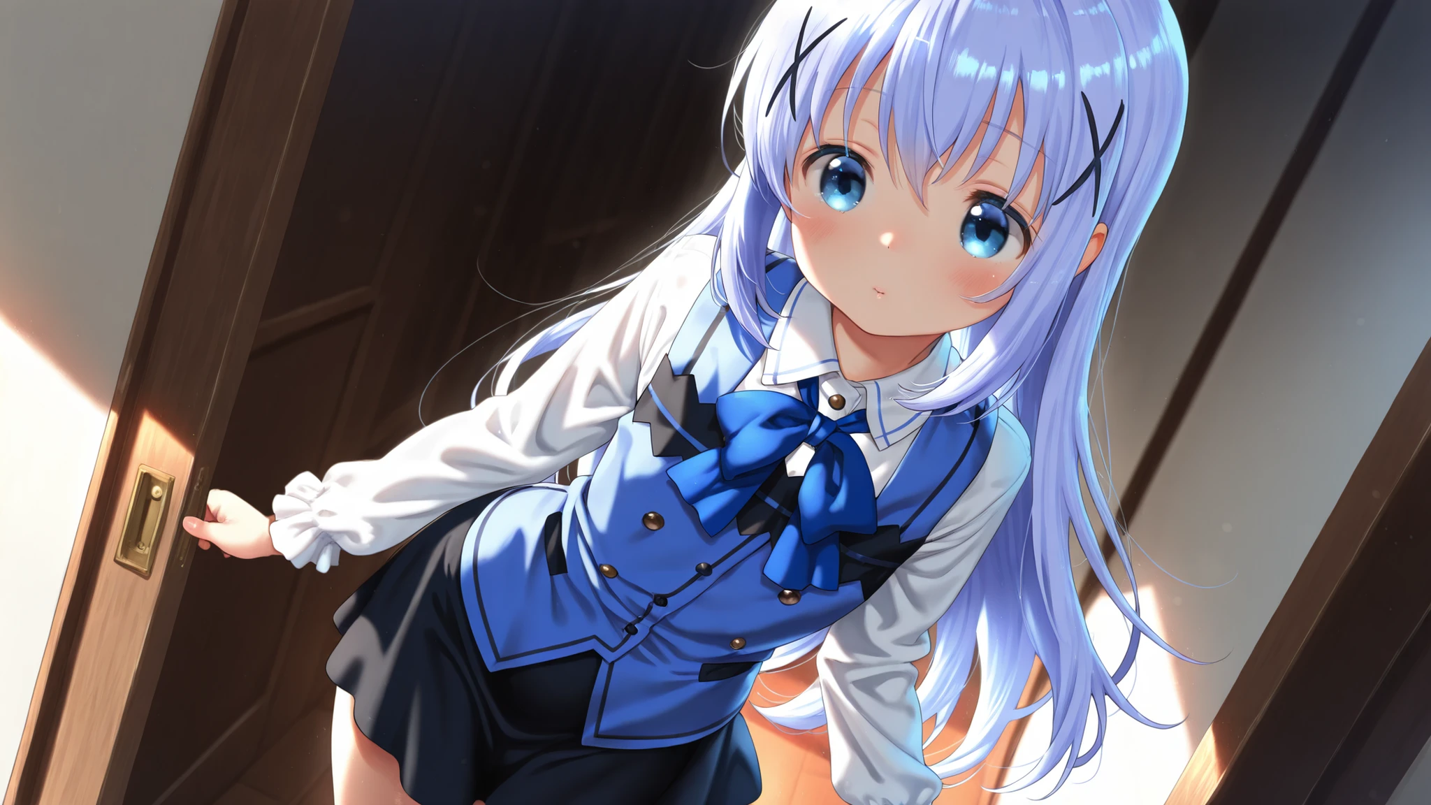 (((1girl))), solo, c-chino, periwinkle hair, blue vest, collared shirt, black skirt, long sleeves, blue bowtie,masterpiece,small, petite, cute, (1girl), good proportions,very cute,cowboy shot,lovely eyes,realistic proportions,