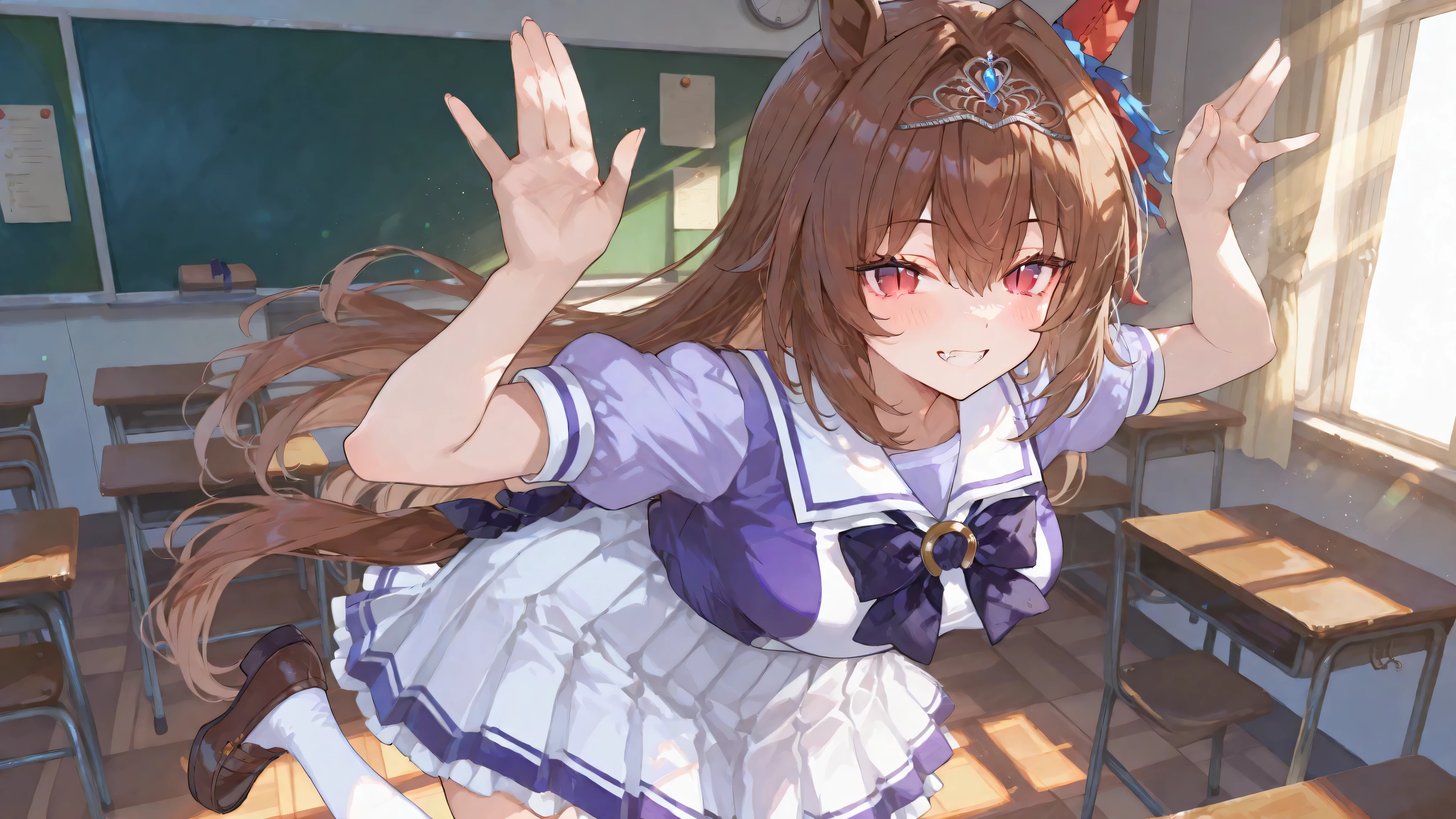 Umapyoi,hands up,one leg raised,ダイワスカーレット,{{{masterpiece}}}, {{{best quality}}}, {{ultra-detailed}}, {illustration}, {{an extremely delicate and beautiful}},1 girl,high school student,full body,spring,sunny,sunlight,classroom,looking at viewer,standing,grin,delighted,fang,big eyes,tsurime,slit pupils,red eyes,dark brown hair,very long hair,straight hair,large breasts,slightly thick thighs,horse ears,horse tails,tiara,tracen school uniform,white skirt,white shirt with purple and light purple,white thigh high socks,loafers