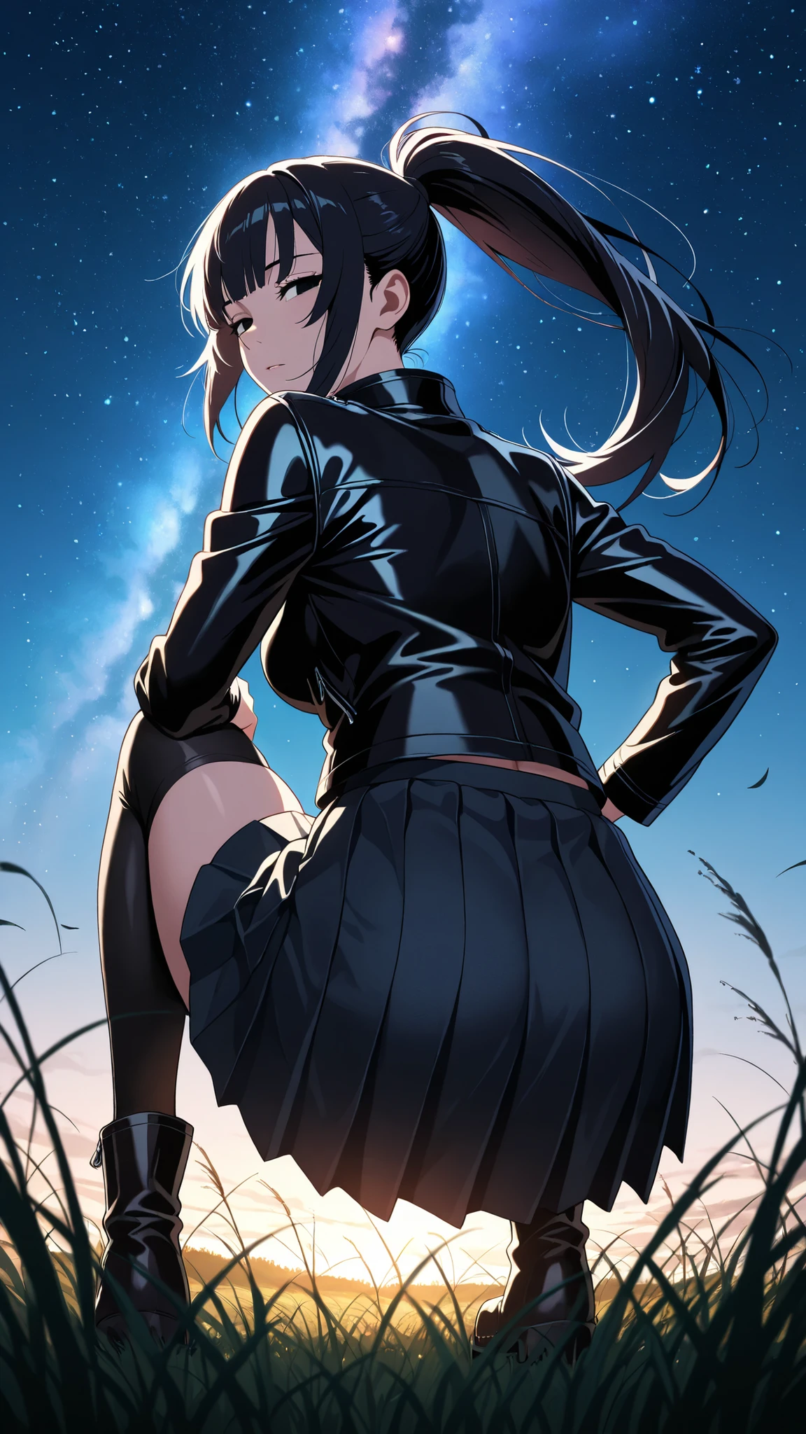 BREAK (masterpiece:1.2),Anime-style vast open meadow at night, tall grass swaying in the wind, sky filled with the Milky Way glowing brightly, countless stars above, peaceful and dreamy atmosphere, no people,narberal gamma, black hair, high ponytail, long hair, slanted eyes, narrow eyes, black eyes, medium breasts,dark leather jacket, short pleated skirt, thigh-high socks, boots pressing into the grass,looking at viewer,cowboy shot,sitting in a squatting pose, hands resting on knees, alluring gaze, detailed body, soft warm lighting, intimate atmosphere, ultra realistic, 4k,from behind,back photo,from below,