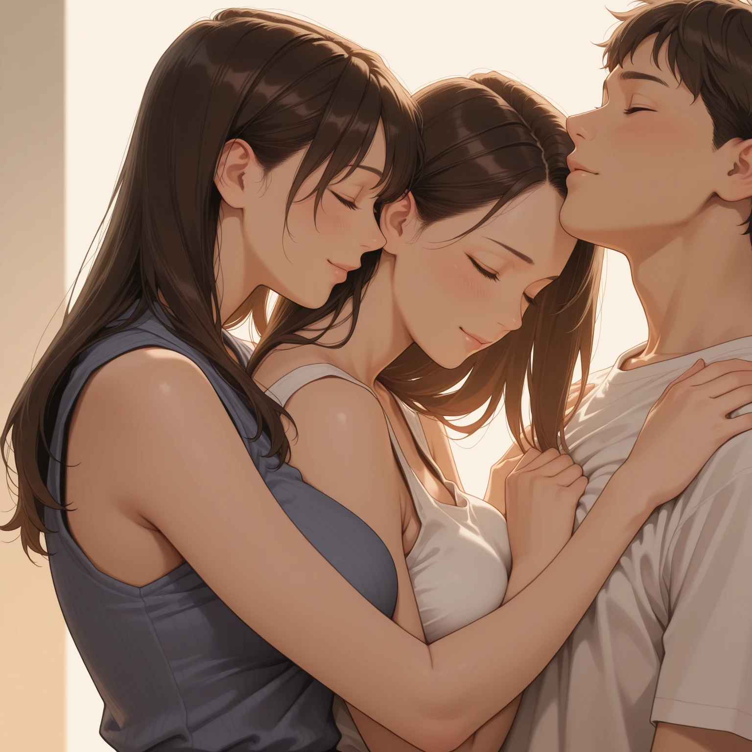 Three 16 year old girls student kissing one boy on lips