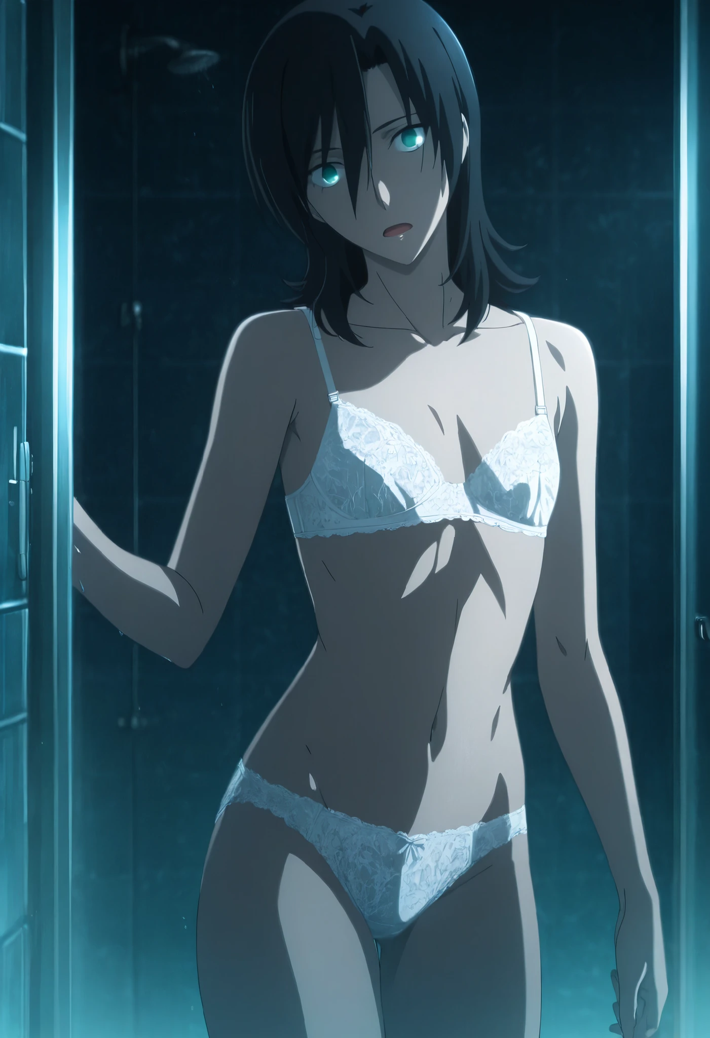 <lora:KnK_aozaki_toukoXLIllustrious001>,
masterpiece,best quality,good quality,newest, detailed face,
shower room, dark , ,
, light open mouth,
looking at viewer,
solo,
anime coloring,
aozaki_touko\(kara_no_kyoukai\),1girl,(flipped hair), ((inverted medium cut hair)), ((black hair)), bangs, medium hair, (green blue eyes),
(flat chest), (aged up:1.5), slim body,
(white lace bra ,lace panties),  , ,head tilt,
standing, very light wide-eyed,