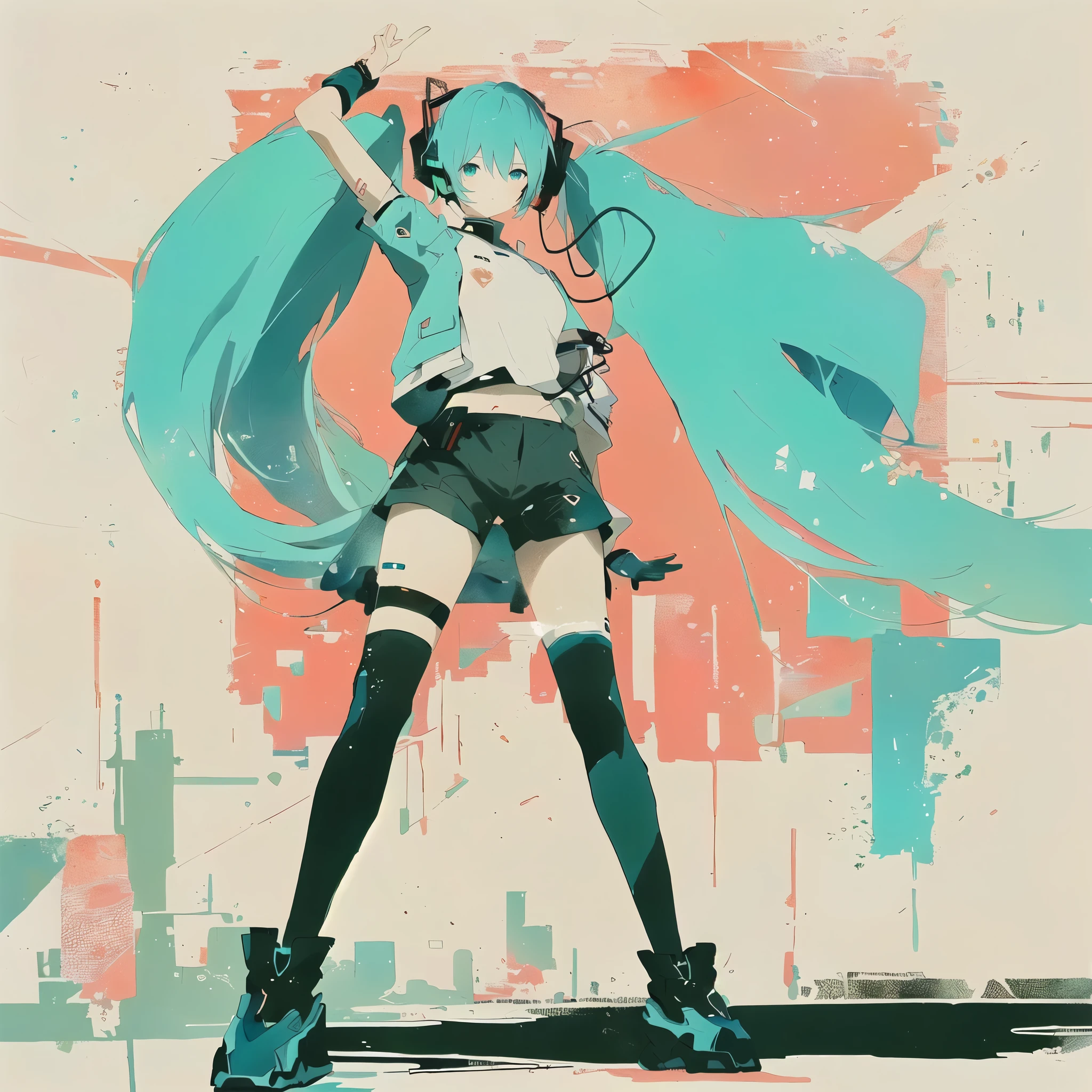 anime girl with long blue hair and headphones on a city street, hatsune miku, miku, portrait of hatsune miku, vocaloid, digital art on pixiv, pixiv contest winner, hatsune miku portrait, hatsune miku short hair, pixiv style, anime style artwork, mikudayo, pixiv, anime style art, anime style 4 kA concept illustration of a young female character inspired by a futuristic virtual singer.
Her hair is turquoise blue, styled in very long twin tails reaching below the waist, evenly balanced and neatly tied at the top.
The hair has a glossy and slightly voluminous texture, softly illuminated with pink light.
She has a youthful and cute facial expression, large bright blue eyes, slender eyes, and softly rounded cheeks.
She has a slim and graceful silhouette.
Her outfit features a futuristic design with teal and black color tones, including accessories such as a headset, microphone, and detachable sleeves.
Add matching knee-high boots or thigh-high socks.
The background depicts a futuristic concert stage or a glowing cityscape with colorful lights.
Draw it in a loose, sketch-like style resembling a hand-drawn pencil concept sketch — expressive, slightly messy, with soft pastel outlines and no use of black lines.
Employ light pastel colors for contours, creating a delicate, airy, watercolor-like atmosphere.
Soft joints, gentle pose, lowered gaze, pink illumination, graceful motion, and artistic paper texture.