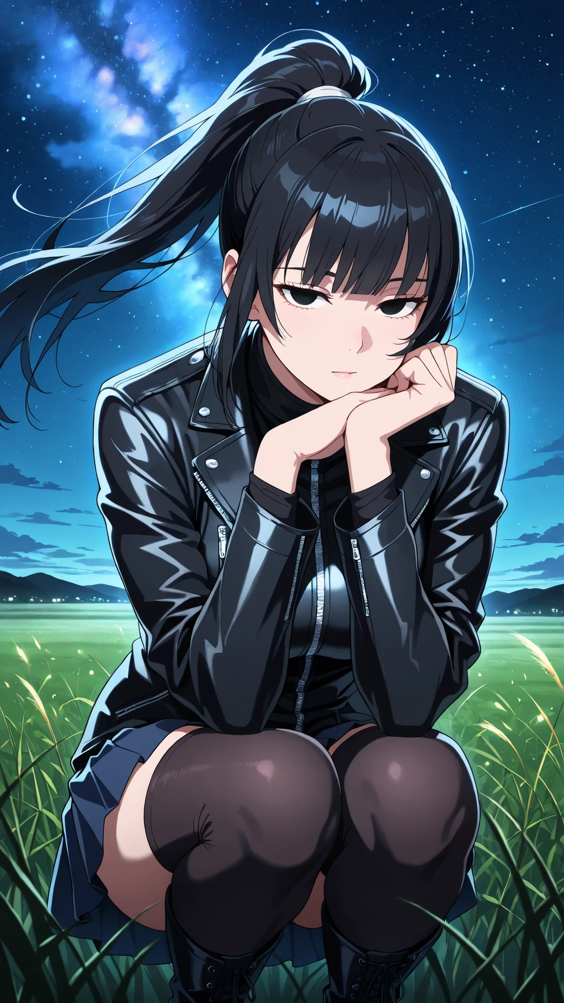BREAK (masterpiece:1.2),Anime-style vast open meadow at night, tall grass swaying in the wind, sky filled with the Milky Way glowing brightly, countless stars above, peaceful and dreamy atmosphere, no people,narberal gamma, black hair, high ponytail, long hair, slanted eyes, narrow eyes, black eyes, medium breasts,dark leather jacket, short pleated skirt, thigh-high socks, boots pressing into the grass,looking at viewer,cowboy shot,sitting in a squatting pose, hands resting on knees, alluring gaze, detailed body,intimate atmosphere, ultra realistic, 4k,