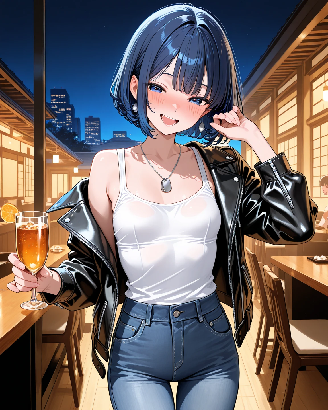 hiten kei style, claude monet, oil painting, night, denim pants, (()), , masterpiece, street lamp, city, 1 girl,  , intricately detailed, navel,  shoulders, brown hair, necklace, extremely detailed,  breasts, puffy , yellow eyes,  stomach, wet, wet body, medium breasts, arm strap, teen, soft eyes, armpit, open mouth, half open eyes, lusty eyes, blushing, head tilt, side bangs, huge , bracelet, neon lights, belt, holding beer bottle, legs, standing, short hair