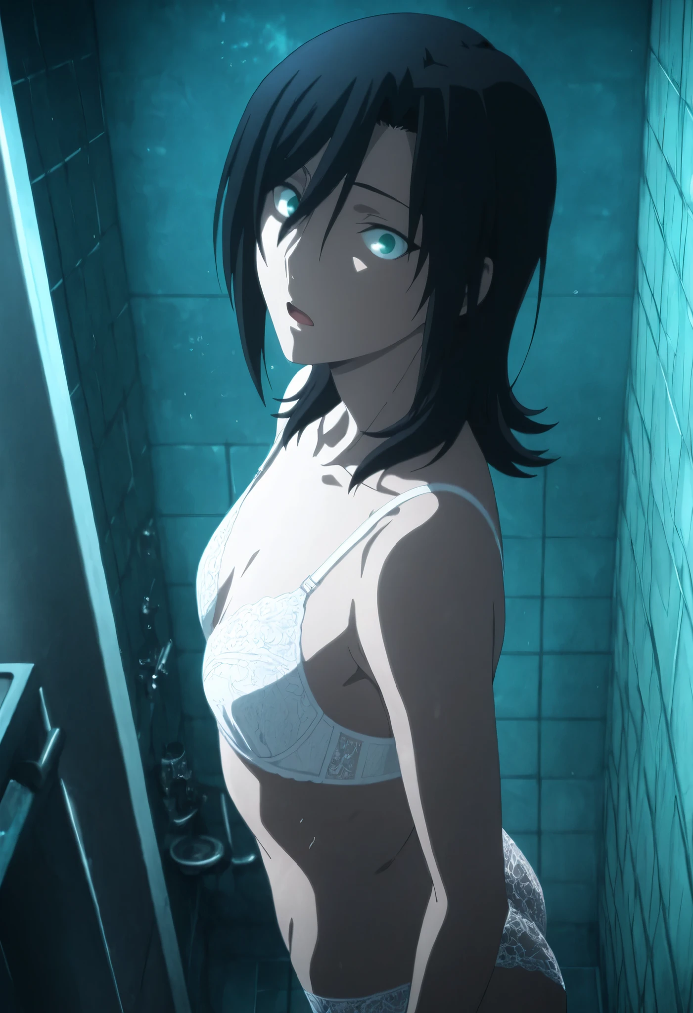 <lora:KnK_aozaki_toukoXLIllustrious001>,
masterpiece,best quality,good quality,newest, detailed face, from above, from side,
shower room, dark , ,
, light open mouth,
looking at viewer,
solo,
anime coloring,
aozaki_touko\(kara_no_kyoukai\),1girl,(flipped hair), (inverted medium cut hair), (black hair), bangs, medium hair, (green blue eyes),
(flat chest), (aged up:1.5), slim body,
(white lace bra ,lace panties), , ,head tilt,
standing, very light wide-eyed,