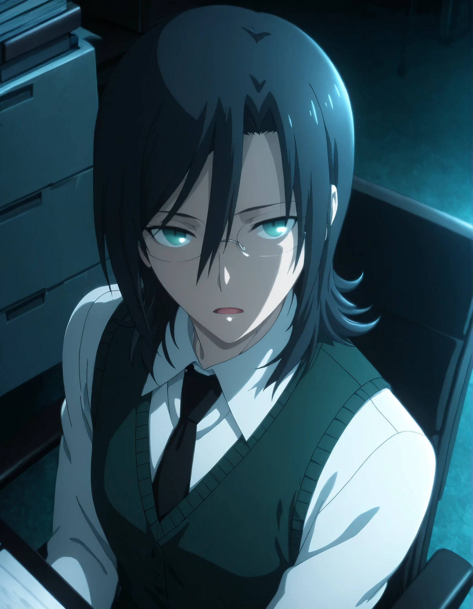 <lora:KnK_aozaki_toukoXLIllustrious001>,
masterpiece,best quality,good quality,newest, detailed face, from above,
office, dark , ,
, light open mouth,
looking at viewer,
solo,
anime coloring,
aozaki_touko\(kara_no_kyoukai\),1girl,(flipped hair),(black hair), bangs, medium hair, (green blue eyes), rimless_eyewear,
((flat chest)), (aged up:1.5), slim body,
(white shirt), black green vest, knit vest, black necktie , ,head tilt,
sitting,