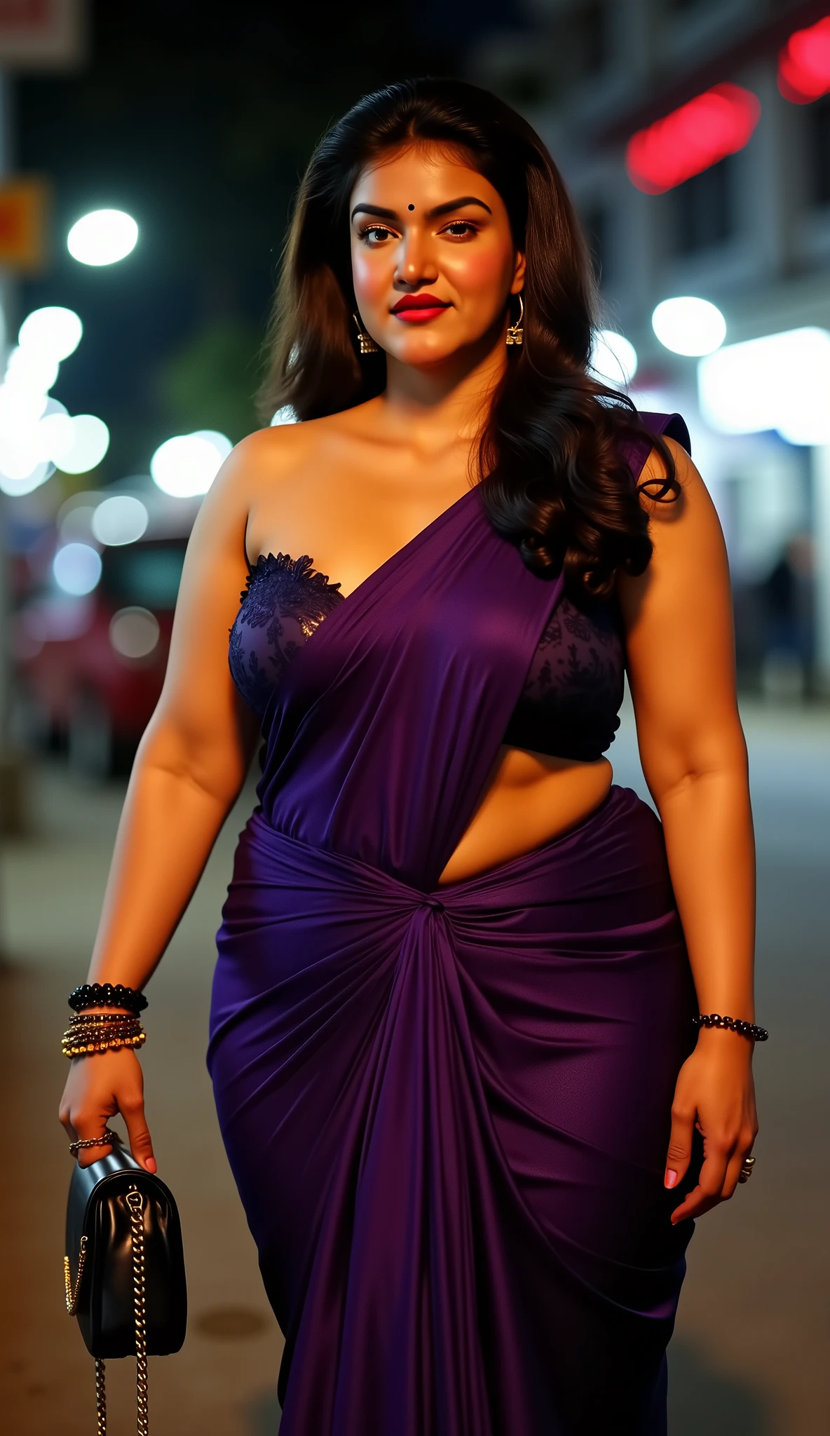 Masterpiece (Honey Rose), RAW photo , best quality , photorealistic , extremely detailed CG unity 8k wallpaper , Depth of field , Cinematic Light , Ray tracing , one Indian lady , Indian 45 years old milf lady , Mallu Indian , Dusky and chubby , ((wearing a silk skirt and sleeveless blouse)) , ((silk skirt and sleeveless blouse)) , ((with long chain bag)) , ((holding long chain purse bag)) , bold , bold looks , INTENSE MAKEUP , ((bright red lipstick)) , ((gorgeous heroin face , stunning)) , curvy figure , ((posing in the Indian night street)) , night street , outside streetlight , seductive , very seductive , sensual , erotic expression , lusty , voluptuous , attractive figure , provocative , curvy , front focus , good proportion ,