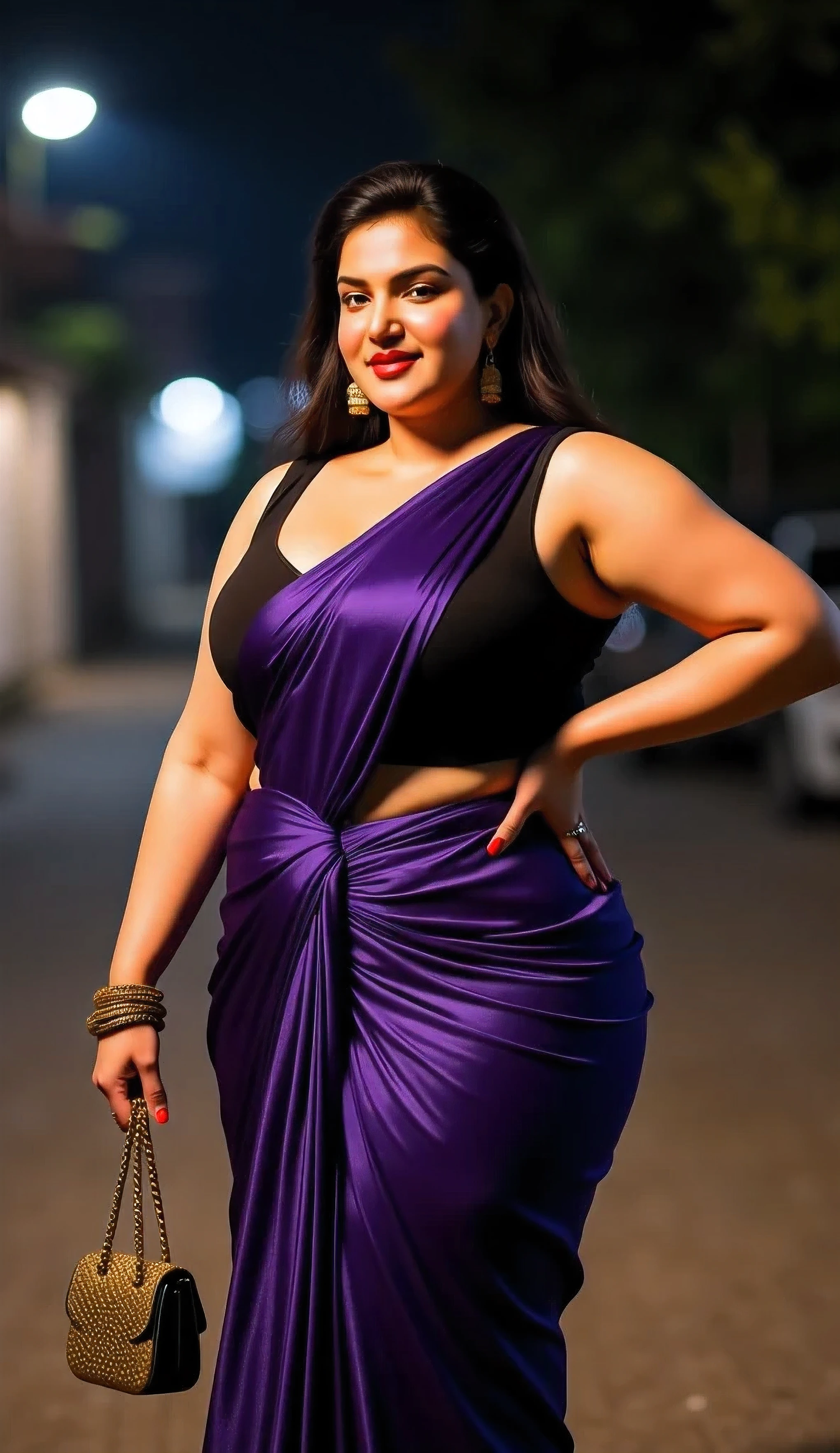 Masterpiece (Honey Rose), RAW photo , best quality , photorealistic , extremely detailed CG unity 8k wallpaper , Depth of field , Cinematic Light , Ray tracing , one Indian lady , Indian 45 years old milf lady , Mallu Indian , Dusky and chubby , ((wearing a silk skirt and sleeveless blouse)) , ((silk skirt and sleeveless blouse)) , ((with long chain bag)) , ((holding long chain purse bag)) , bold , bold looks , INTENSE MAKEUP , ((bright red lipstick)) , ((gorgeous heroin face , stunning)) , curvy figure , ((posing in the Indian night street)) , night street , outside streetlight , seductive , very seductive , sensual , erotic expression , lusty , voluptuous , attractive figure , provocative , curvy , front focus , good proportion ,