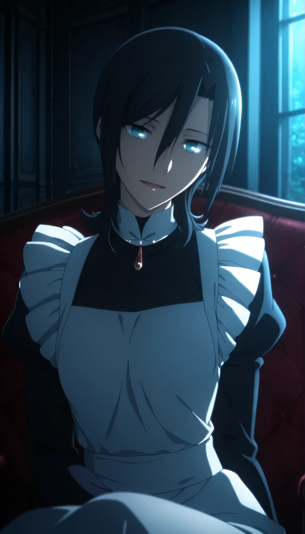 <lora:KnK_aozaki_toukoXLIllustrious001>,
masterpiece,best quality,good quality,newest, detailed face,
(mansion), dark , ,
light smile, light open mouth,
looking at viewer,
solo,
anime coloring,
aozaki_touko\(kara_no_kyoukai\),1girl,(flipped hair), (black hair), bangs, medium hair, (green blue eyes),(),,
small breasts ,flat chest, (aged up:1.2),
(maid) ,head tilt,
sitting,