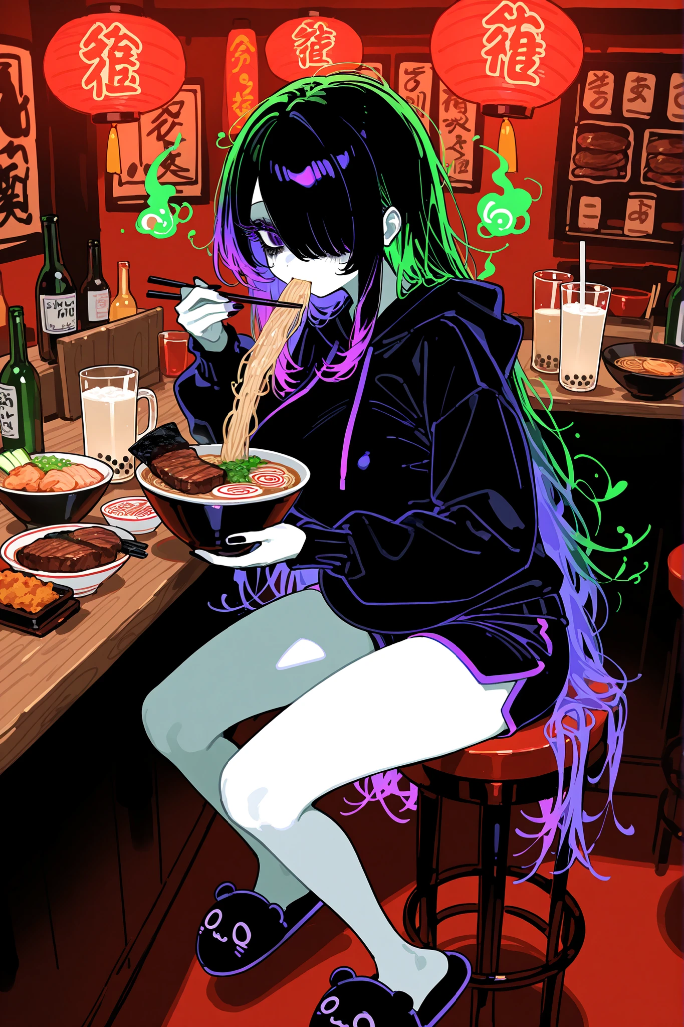 (xxx667_illu,ai drawing anime characters eating ramen, ai drawing anime characters eating ramen (meme), ramen, noodles, meme, bowl, eating, restaurant,eating ramen) The girl is a ghost. (her body is transparent and translucent because she is a ghost.) She has a mature physique, big breasts, small belly, fat hips, long legs. She has ghostly pale skin and bruises under her eyes. She has tired big black-purple eyes with long eyelashes and leaking mascara. She has black very long hair with purple highlights, she has a careless long ghostly hairstyle with long hair over one eye. She has a black manicure. She is wearing a black hoodie, shorts and fluffy slippers. She's sitting on bar stool and holding chopsticks. (In the background: a room with an authentic traditional Japanese interior of ramen shop decorated with red paper lanterns, a wooden bar table with a bowl of ramen on it. The bowl contains mushrooms, deep-fried shrimp, steak, green onions, and green sprouts. next to it is a bottle of soda, a glass of milk bubble tea with a straw,a bottle of beer and a mug.)