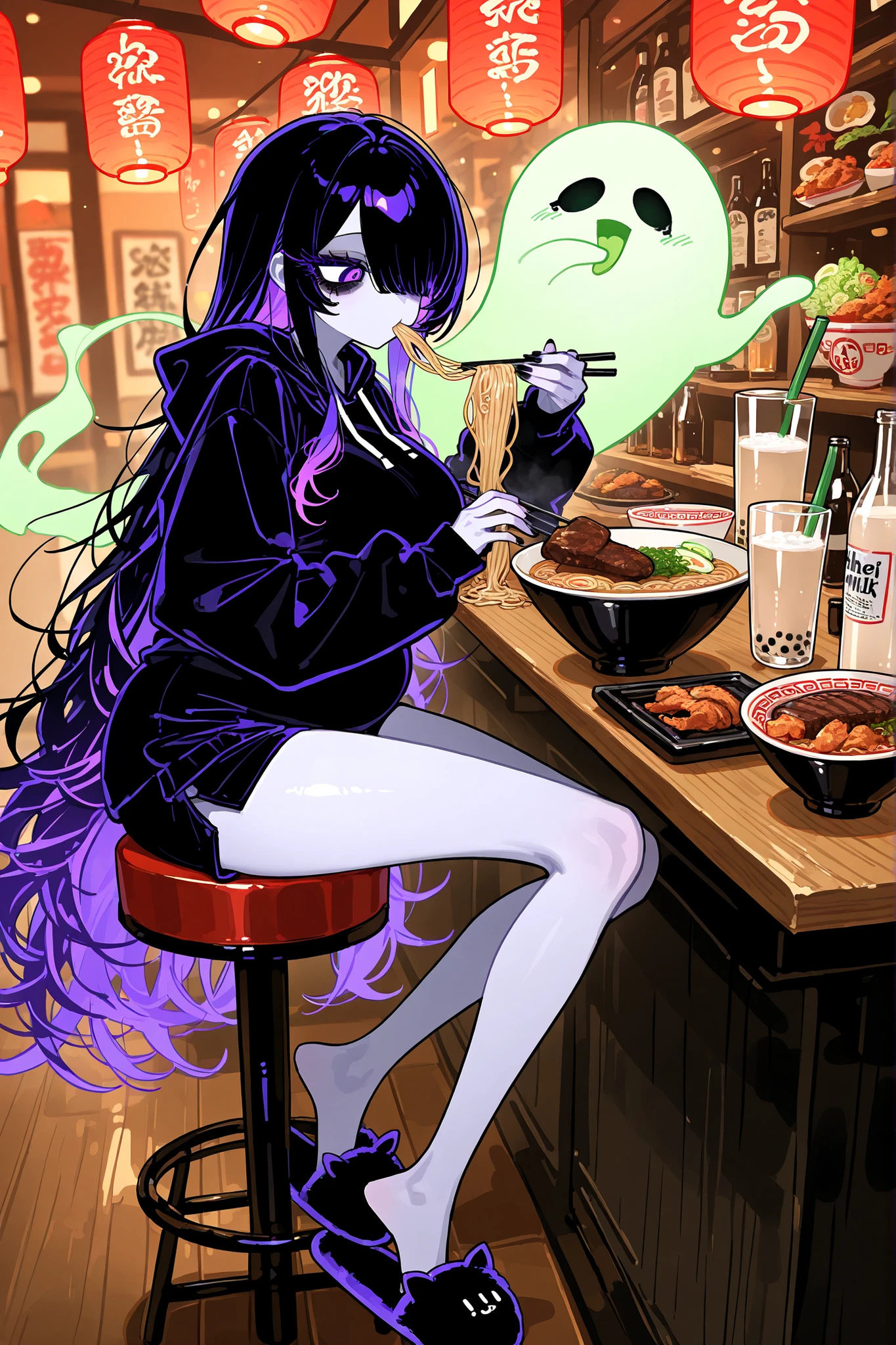(xxx667_illu,ai drawing anime characters eating ramen, ai drawing anime characters eating ramen (meme), ramen, noodles, meme, bowl, eating, restaurant,eating ramen) The girl is a ghost. (her body is transparent and translucent because she is a ghost.) She has a mature physique, big breasts, small belly, fat hips, long legs. She has ghostly pale skin and bruises under her eyes. She has tired big black-purple eyes with long eyelashes and leaking mascara. She has black very long hair with purple highlights, she has a careless long ghostly hairstyle with long hair over one eye. She has a black manicure. She is wearing a black hoodie, shorts and fluffy slippers. She's sitting on bar stool and holding chopsticks. (In the background: a room with an authentic traditional Japanese interior of ramen shop decorated with red paper lanterns, a wooden bar table with a bowl of ramen on it. The bowl contains mushrooms, deep-fried shrimp, steak, green onions, and green sprouts. next to it is a bottle of soda, a glass of milk bubble tea with a straw,a bottle of beer and a mug.)