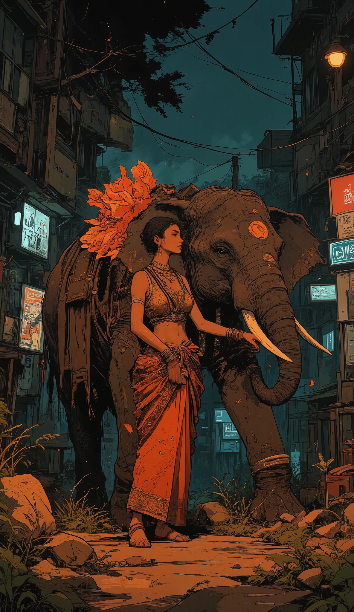 masterpiece、 (((Original photo)))、super image quality when you wear、Super high resolution details、32K、Surrealistic 、visible 、correct 、she's looking forward to、((( sexy:1.5)))、(((she is petite:1.1)))、(((Her hairstyle is fiery hair、beautiful big eyes、Beautiful Tall Nose、beautiful sexual mouth、 pink and soft lips 、slender woman、small breasts、Thin Waist、big waist:1.1)))、(((She wears an Indian national costume sari、The sari is designed with precise details、has transparent、makes a busy impression、The gorgeous and gorgeous、very sexy、Detailed Designed Luxury Sandals、Necklace with lots of jewels on her neck、luxury bracelet、gorgeous anklets:1.1)))、(((Night Rain:1.6)))、(((Tourist sites in India、Street Shining at Night:1.2)))、(((There's a big Indian elephant beside me:1.3)))、(((There's a big Indian elephant beside me:1.3)))、（((An Indian elephant gently strokes a crying woman's cheek using a long flower:1.7)))、Night Rain、Puddle、Brilliant Streets