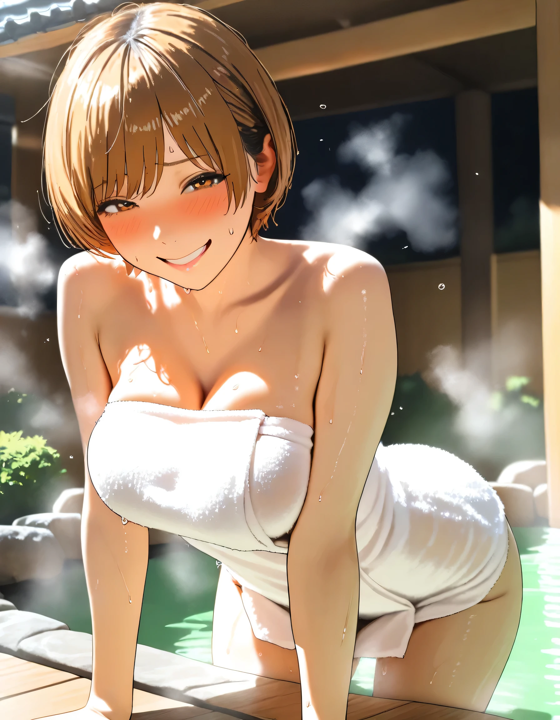 1girl, satonaka chie, soft on demand, cowboy shot, from front, onsen, on all fours, small towel, bouncing breasts, smile, embarrassed, sweat, steam, 16k, Ultra detailed, (realistic, photorealistic : 0.8), masterpiece, high score, great score, absurdres