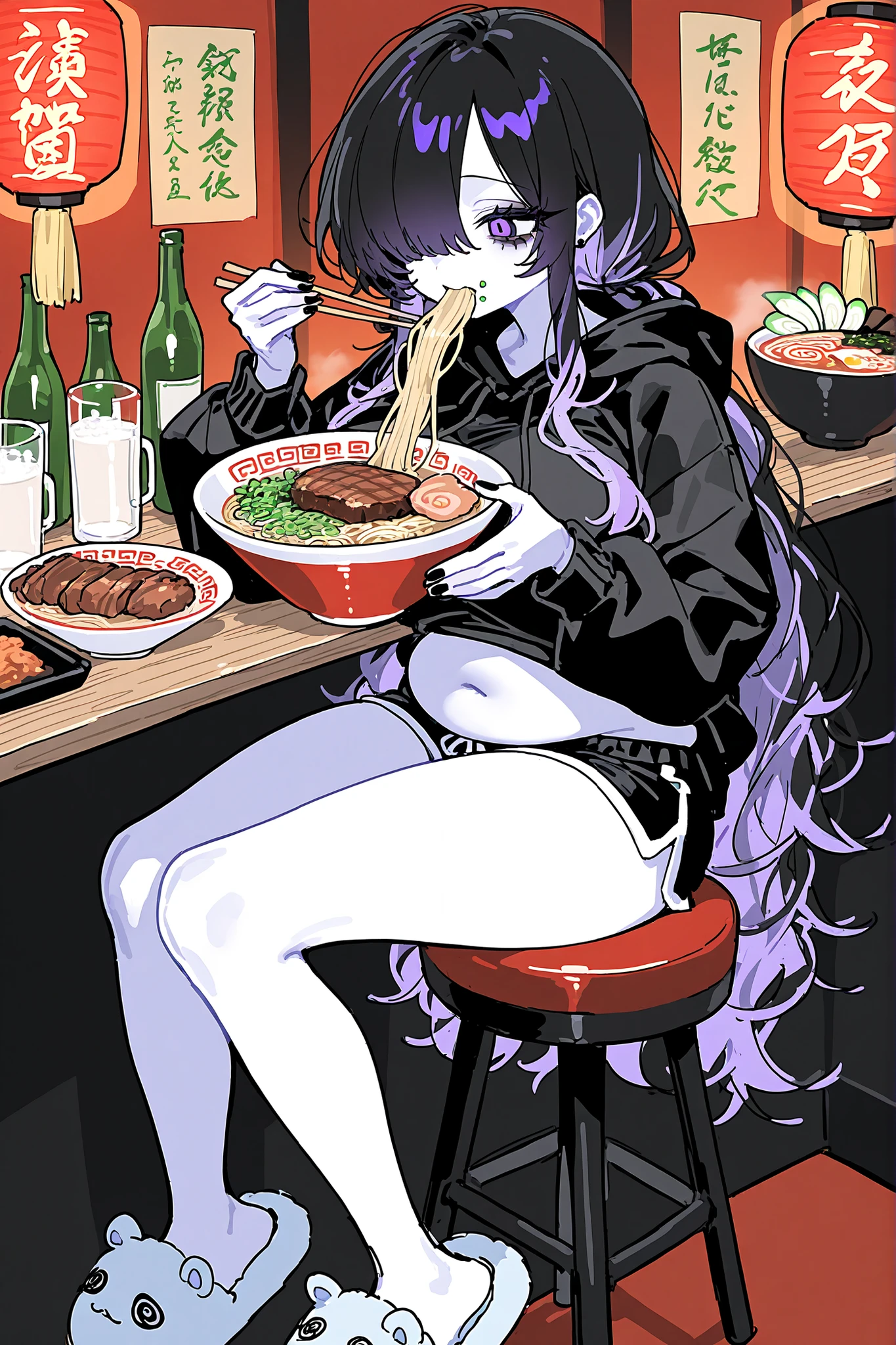 (ma1ma1helmes_b_illu,sketch,ai drawing anime characters eating ramen, ai drawing anime characters eating ramen (meme), ramen, noodles, meme, bowl, eating, restaurant,eating ramen) The girl is a ghost. (her body is transparent and translucent because she is a ghost.) She has a mature physique, big breasts, small belly, fat hips, long legs. She has ghostly pale skin and bruises under her eyes. She has tired big black-purple eyes with long eyelashes and leaking mascara. She has black very long hair with purple highlights, she has a careless long ghostly hairstyle with long hair over one eye. She has a black manicure. She is wearing a black hoodie, shorts and fluffy slippers. She's sitting on bar stool and holding chopsticks. (In the background: a room with an authentic traditional Japanese interior of ramen shop decorated with red paper lanterns, a wooden bar table with a bowl of ramen on it. The bowl contains mushrooms, deep-fried shrimp, steak, green onions, and green sprouts. next to it is a bottle of soda, a glass of milk bubble tea with a straw,a bottle of beer and a mug.)