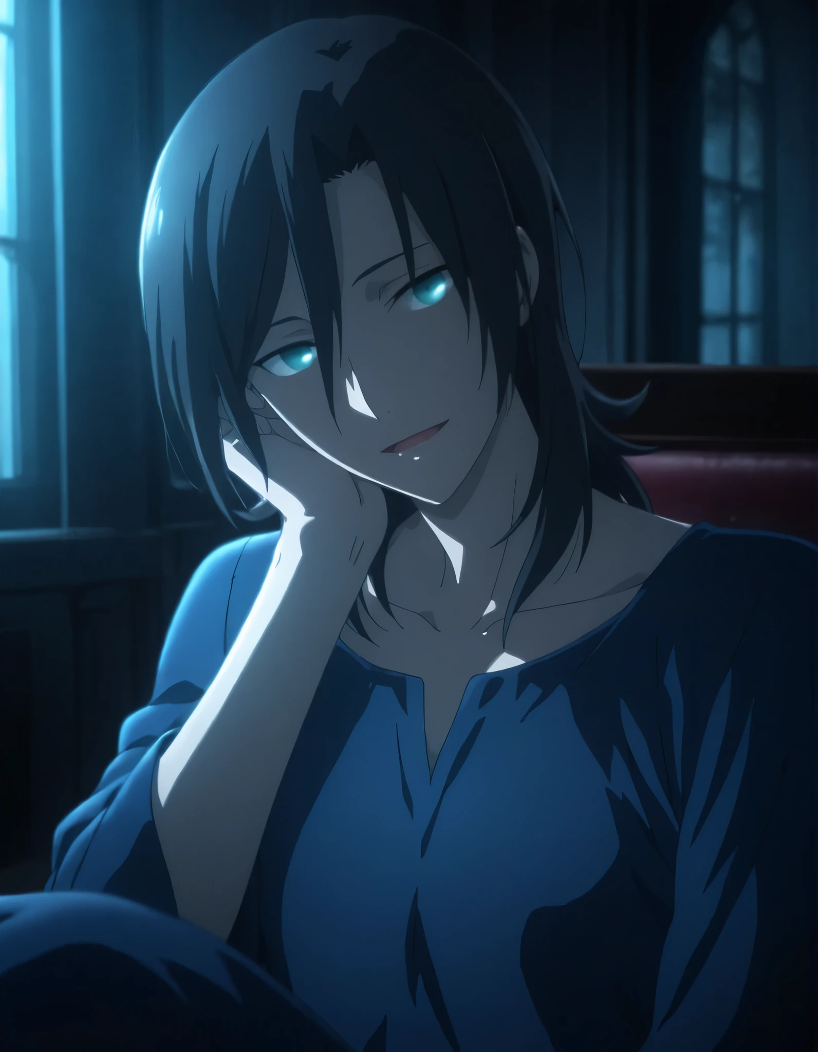 <lora:KnK_aozaki_toukoXLIllustrious001>,
masterpiece,best quality,good quality,newest, detailed face,
(mansion), dark , ,
light smile, light open mouth,
looking at viewer,
solo,
anime coloring,
aozaki_touko\(kara_no_kyoukai\),1girl,(flipped hair), (black hair), bangs, medium hair, (green blue eyes),(),,
small breasts ,flat chest, (aged up:1.2),
(dress) ,head tilt, head rest,
sitting,