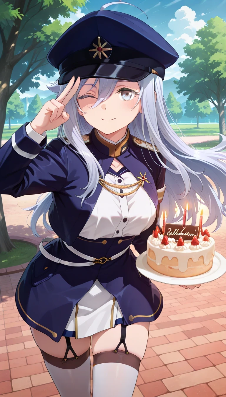 anime style, masterpiece, best quality, ultra detailed, highres, 8k, smile, 1 girl,
Vladilena milize, vladilena milize, grey eyes, grey hair, hair between eyes, long hair, ahoge,
blue headwear, blue jacket, blue skirt, hat, jacket, military, military hat, military uniform, peaked cap, shirt, skirt, thighhighs, uniform, white shirt, white thighhighs, park, grabbing a cake, candles with the number 39 on the cake, wink , v over the eye, giving a speech ❤️
