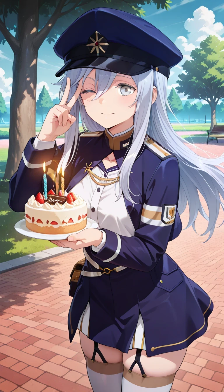 anime style, masterpiece, best quality, ultra detailed, highres, 8k, smile, 1 girl,
Vladilena milize, vladilena milize, grey eyes, grey hair, hair between eyes, long hair, ahoge,
blue headwear, blue jacket, blue skirt, hat, jacket, military, military hat, military uniform, peaked cap, shirt, skirt, thighhighs, uniform, white shirt, white thighhighs, park, grabbing a cake, candles with the number 39 on the cake, wink , v over the eye, giving a speech ❤️