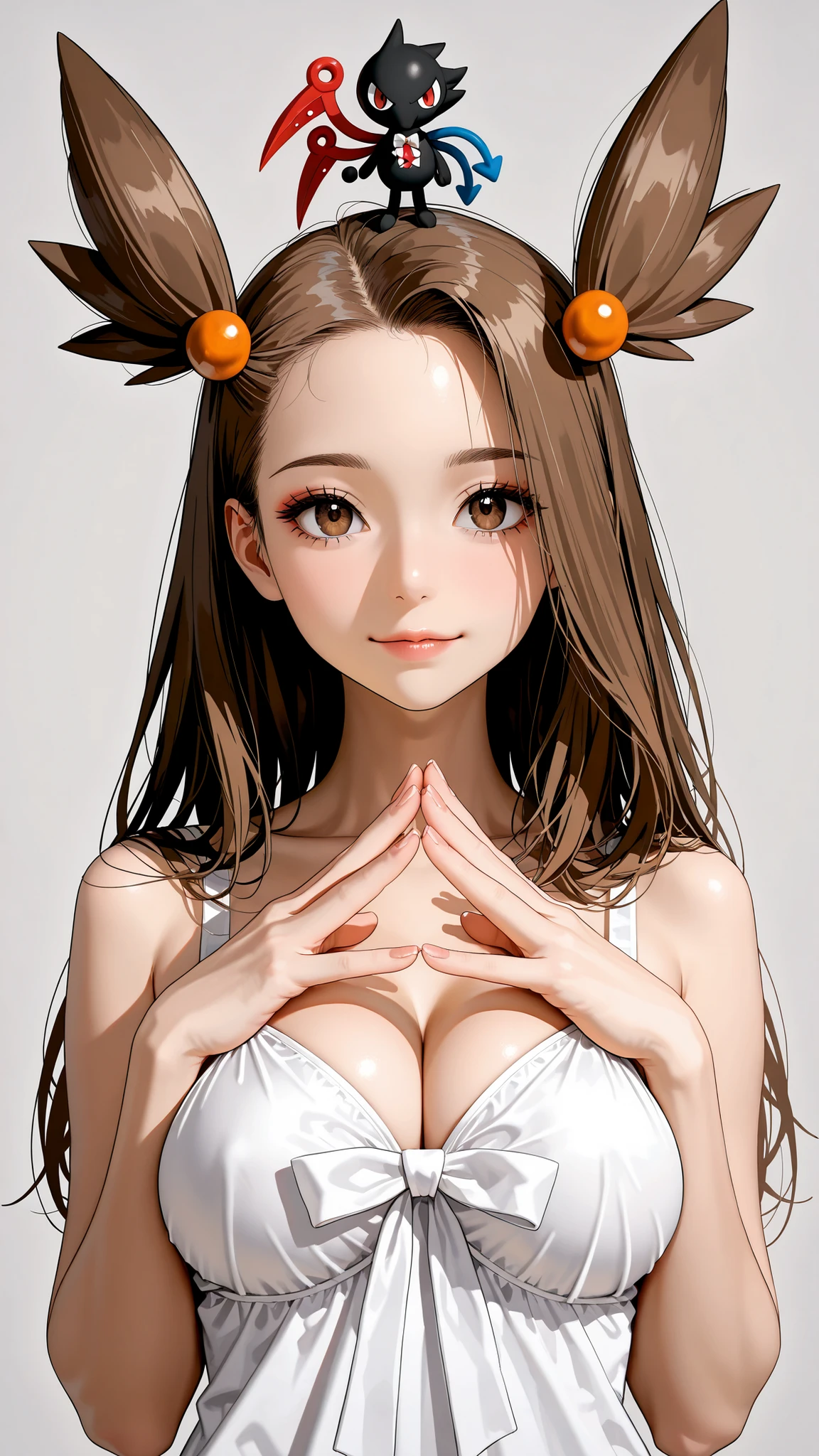 Jasmine in Pokemon, gros seins nue, totalement nue, The golden ratio, Proper composition,BEAUTIFUL ILLUST,RATION, (masterpiece, detailed:1.2), maorix,score_9, score_8_up, score_7_up, score_6_up, score_5_up, 1girl, huge tit,  five anatomically correct fingers, close-up, super quality, 8k, super quality, beautiful Japanese woman, teen, 表情のclose-up, detailed eyes, careful brown iris, high resolution, Beautiful Japanese woman with big boobs standing, anatomically correct ratio :1.331,  Tiny Head :1.331, Upper body angle, detailed skin, detailed face, dynamic pose, The viewer looks up at her, grey background, brown hair, tranparent brown eyes
