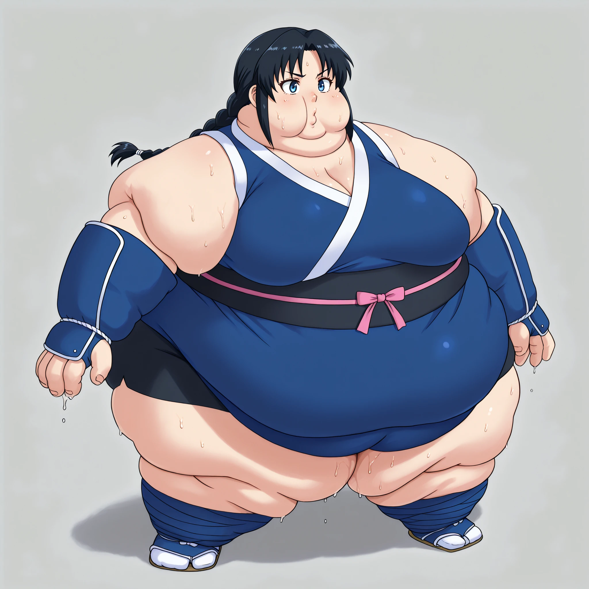 1girl, long hair, black hair, blue eyes, braid, ninja, sleeveless, obi, ribbon, shorts, arm warmers, leg wrap, tabi, blank_stare, empty_stare,  fat, chubby, obese, gigantic arms and legs, large breasts, sweating, wet body, swollen face, Fat_neck , Fat head , eyes with crushed cheeks , nose with crushed cheeks , mouth with crushed cheeks , chin roll,
only head, large head, oversized limbs, large hands, large feet, oversized feet, oversized fingers, big lips, plump lips, neck buried in fat, Face buried in fat, fat face, fupa, big fupa, fat fupa, 