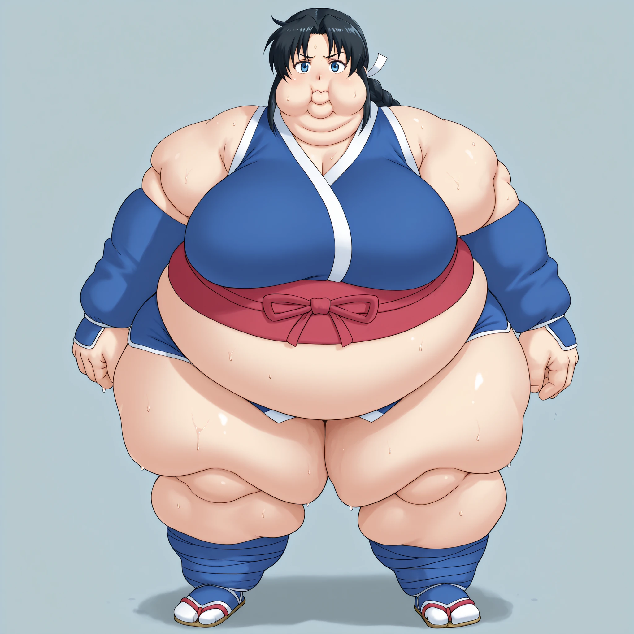 1girl, long hair, black hair, blue eyes, braid, ninja, sleeveless, obi, ribbon, shorts, arm warmers, leg wrap, tabi, blank_stare, empty_stare, fat, chubby, obese, gigantic arms and legs, large breasts, sweating, wet body, swollen face, Fat_neck , Fat head , eyes with crushed cheeks , nose with crushed cheeks , mouth with crushed cheeks , chin roll,
only head, large head, oversized limbs, large hands, large feet, oversized feet, oversized fingers, big lips, plump lips, fat face, fupa, big fupa, fat fupa,