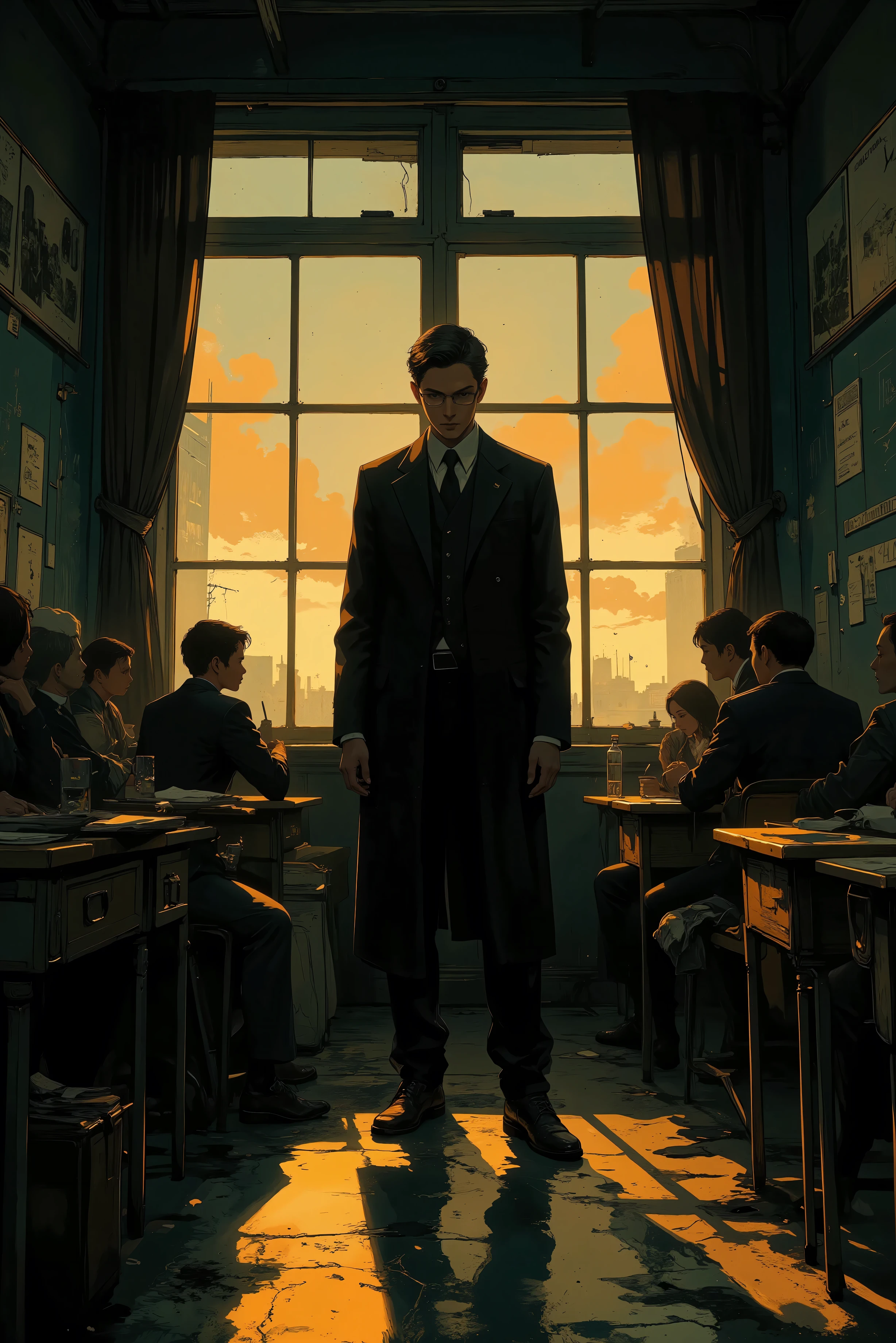 (masterpiece, best quality, anime style, cinematic lighting, detailed shading, dramatic composition),
a strict male teacher standing alone in a quiet classroom at dusk,
wearing a black suit and glasses, his expression serious and composed,
chalk dust floats in the golden sunset light, desks neatly arranged,
a faint wind moves the curtains, reflecting inner restraint and calm tension,
melancholic and aesthetic atmosphere, emotional anime scene