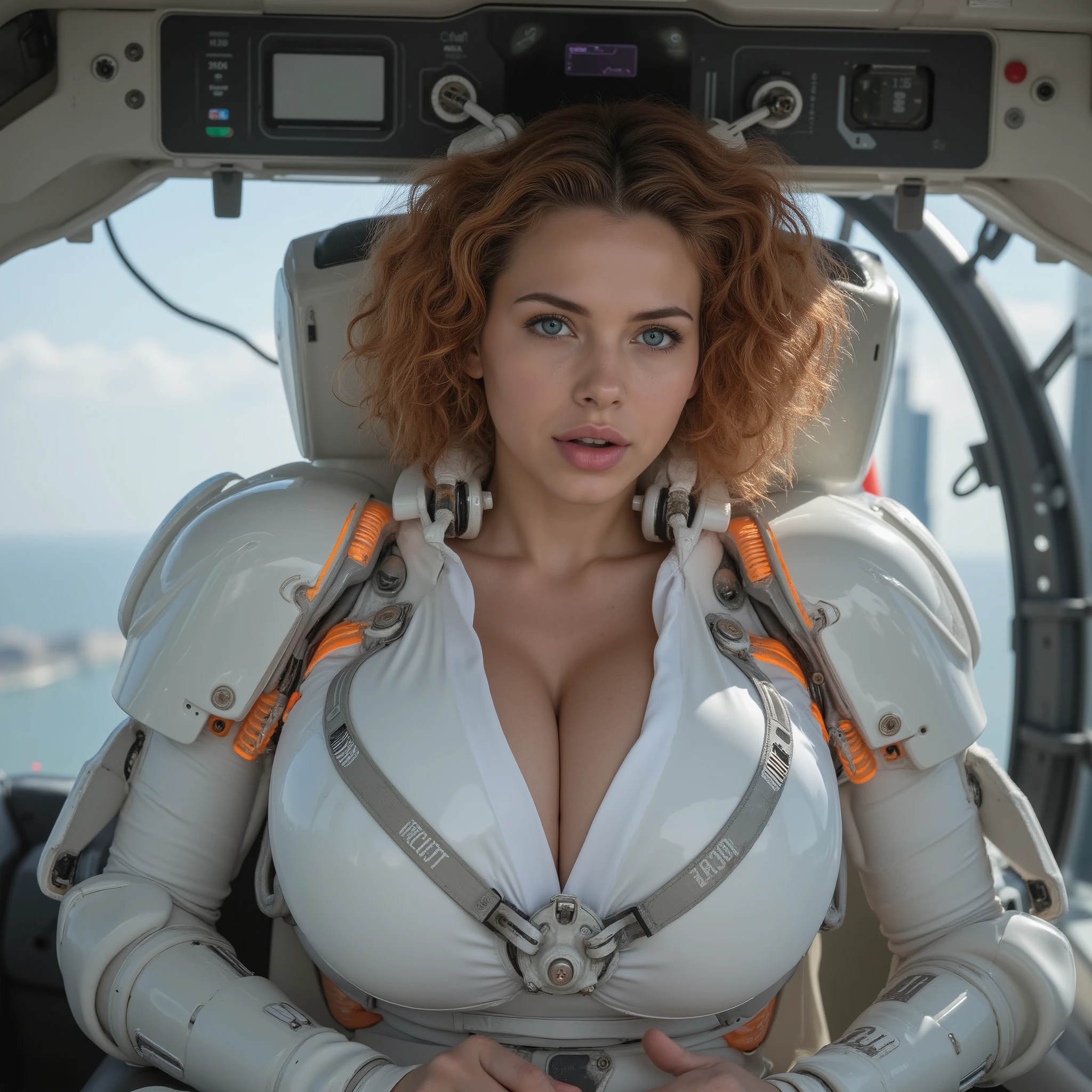Masterpiece sci-fi photo, photorealistic portrait of a beautiful female space engineer or pilot (Natalee) with curly short red hair and soft blue eyes, wearing a sci-fi-neuro-stimulation device with brainport and cyberinterface connected with broad electric wires on her head, a futuristic white exosuit with visible cybernetic components and orange-glowing details on her shoulders and spine, TacExoGear. Her huge round breasts are covered by a robotic bra with integrated electric nipplestimulation devices, small display, regulators, controllights. She looks extremely sexual stimulated into camera, nearly fainting while massive direct cerebral orgasm, wide open mouth gasping. Soft sunbeam lighting casting shadows on her face, seated inside a high-tech spaceship cockpit, retro-futuristic mechanical details in the background, cinematic framing, photorealistic style, highly detailed armor and tech interface, hyper detailed, UHD, 32k
