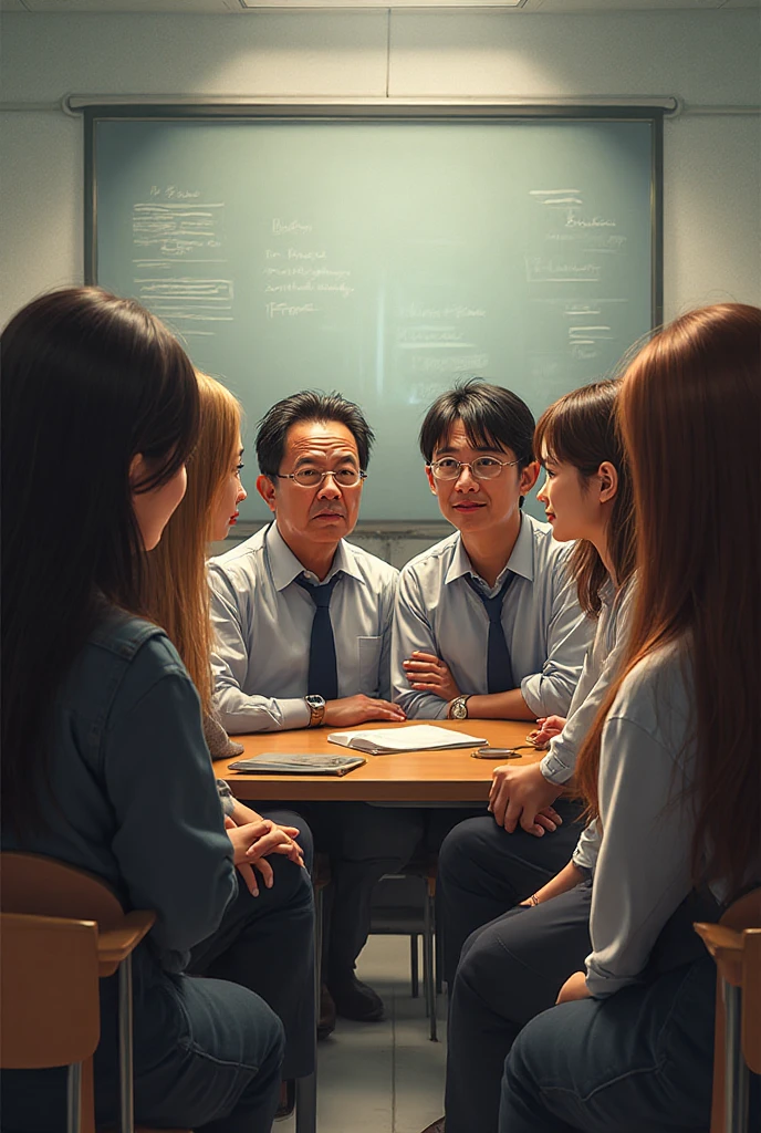Workers in work clothes are having a meeting while sitting in chairs in a conference room