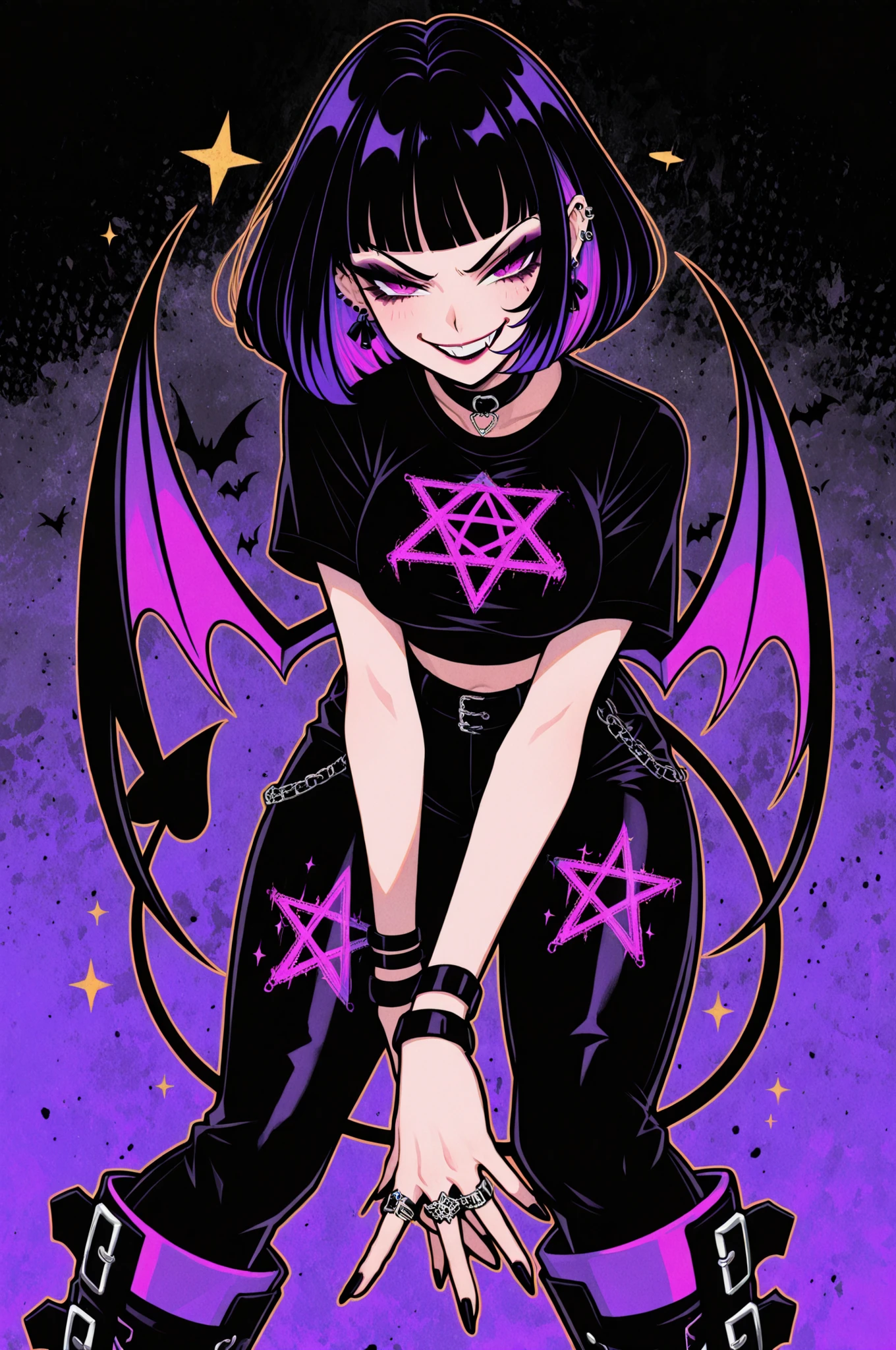 1girl, adult woman, goth, bicolor hair bob cut, gothic makeup, crop purple t-shirt, bat design, purple platform boots, very long and stylized leggings, piercings, pentagram, smug expression, dynamic pose, textured background.