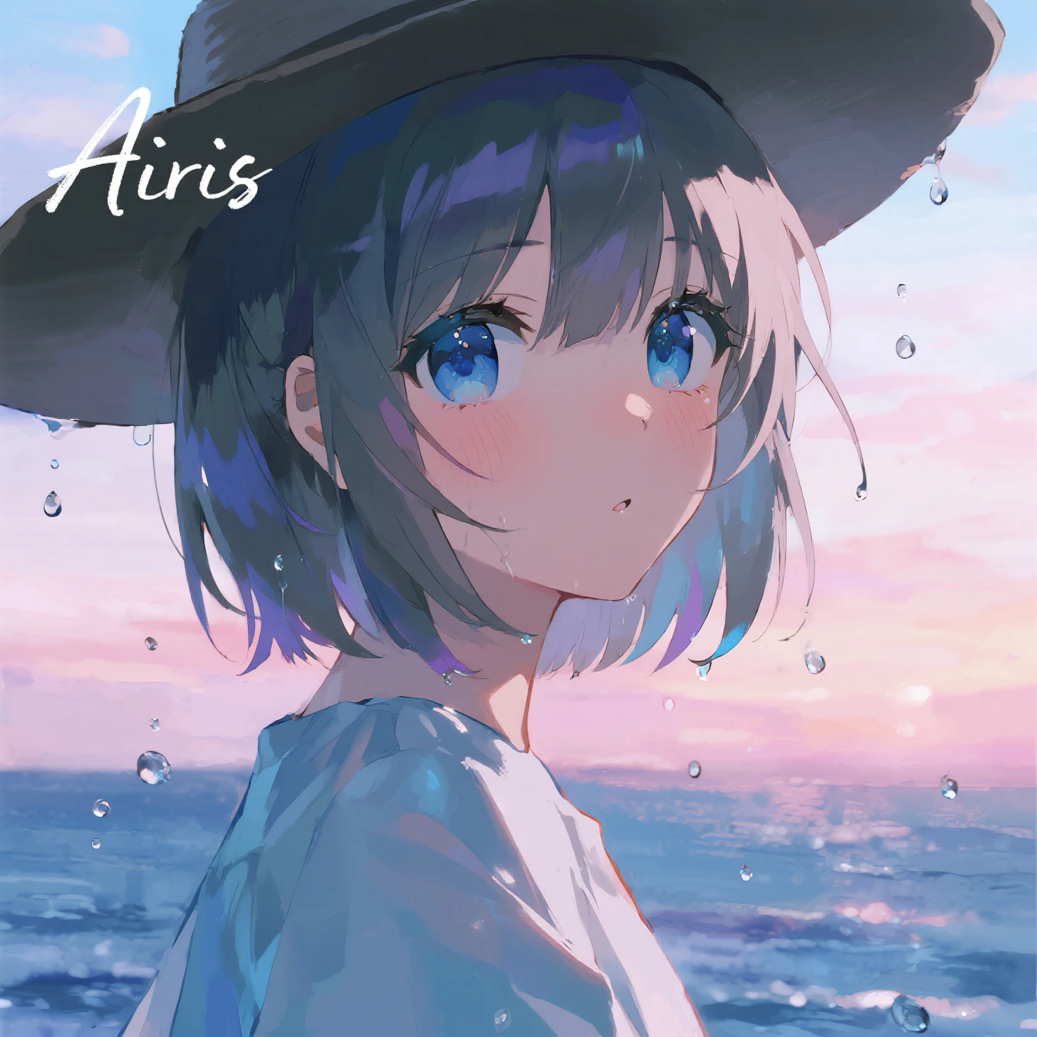 お洒落なPoster、Swimwear、First Job, Better Quality, 1. garota Laughter, Short Mash Hair、Short Hair、Blonde Hair Color、Turquoise Eyes、白色のSwimwear、Poster, Little , Little, Laughter (Solo Girl)、Looking up、The camera is from above、The front hair is straight、Please draw the fingers in detail、Fingers５It's a book