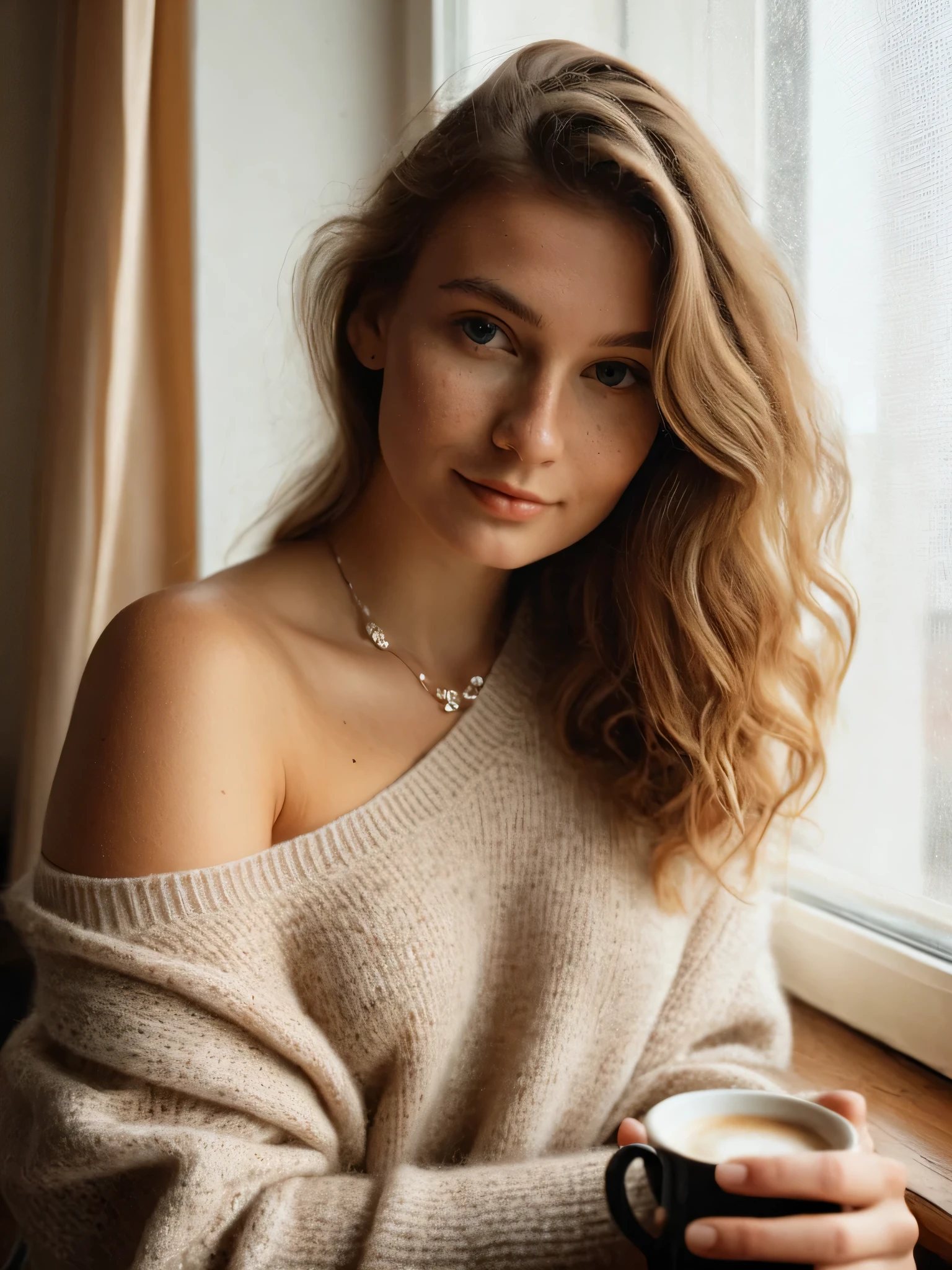 27-year-old attractive Russian woman, shoulder-length wavy light brown hair with soft highlights, fair skin with light freckles, wearing an oversized beige cashmere sweater slightly off one shoulder, delicate silver necklace. She sits on a wide wooden windowsill in a classic Saint Petersburg apartment with high ceilings and white walls, holding a mug of coffee with both hands, looking thoughtfully outside at the rainy rooftops. Golden morning light filters through sheer curtains, creating soft glow on her skin. Background — vintage books, dried flowers in a glass jar, and a sleeping cat. Realistic photography, candid composition, warm tones, lifestyle aesthetic, cinematic soft focus, shallow depth of field, natural skin texture, editorial Instagram look.
Negative prompt: overexposed skin, cartoonish rendering, heavy makeup, fake smile, CGI background, unrealistic proportions, artificial lighting.
