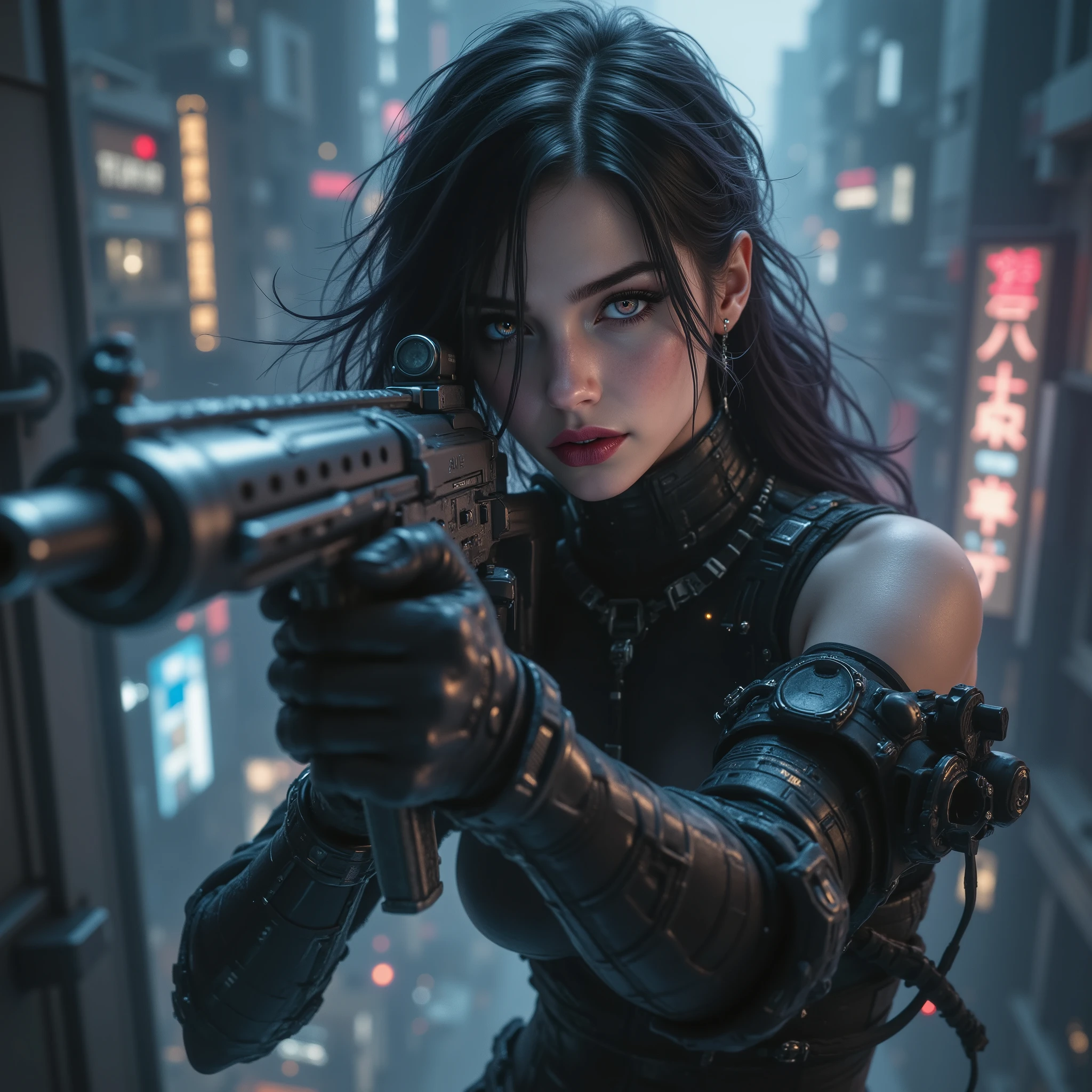 Photo Real、realistic skin texture、gun、extremely tight cyberpunk suit、beautiful long hair、dim cyberpunk city、Beautiful pale violet eyes、Black hair with slightly purple tips、高所から地面に着地してgunを向けて