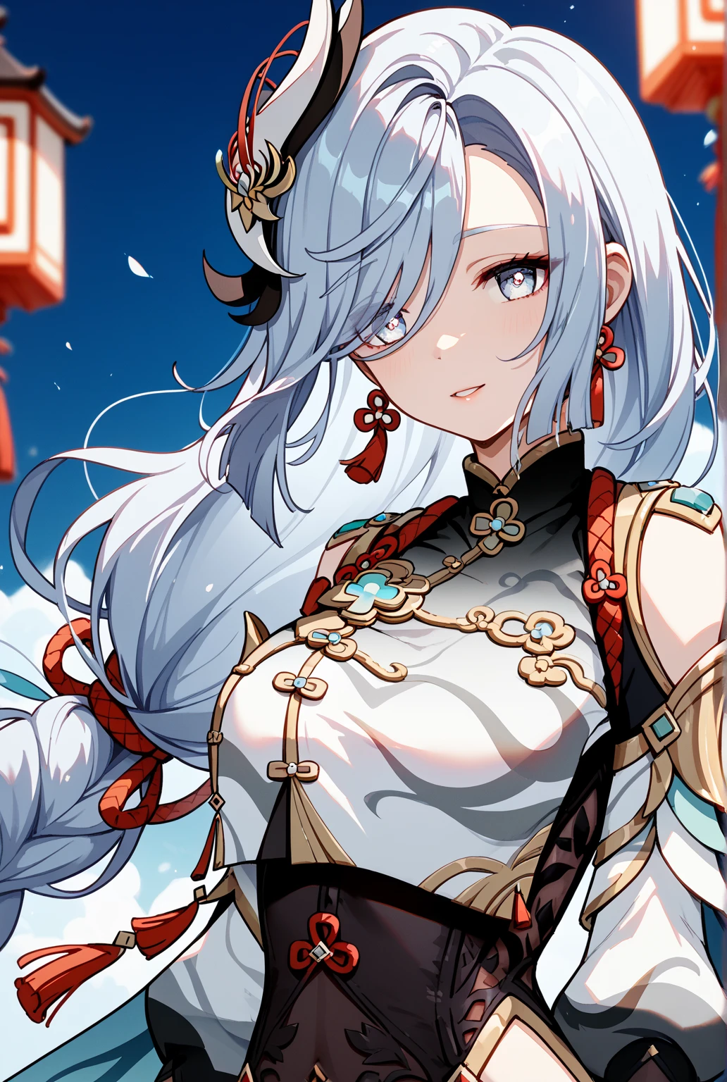 shenhedef, upper body, serious expression, blush, outdoors, night, liyue house background, dark moon sky, short hair, sky, beautiful nature surrounding near canyon, looking at viewer, mountain, moody lighting, (perfect detail eyes:1.2), glowing eyes, (long hair one braid:1.2),
(Masterpiece, Best Quality, High Quality:1.4), professional artwork, Intricate Details, field of view, sharp focus, detailed painting, photorealistic lighting, trending on pixiv, (vivid lighting, vibrant colors:1.05), realistic shadows, ambient occlusion,