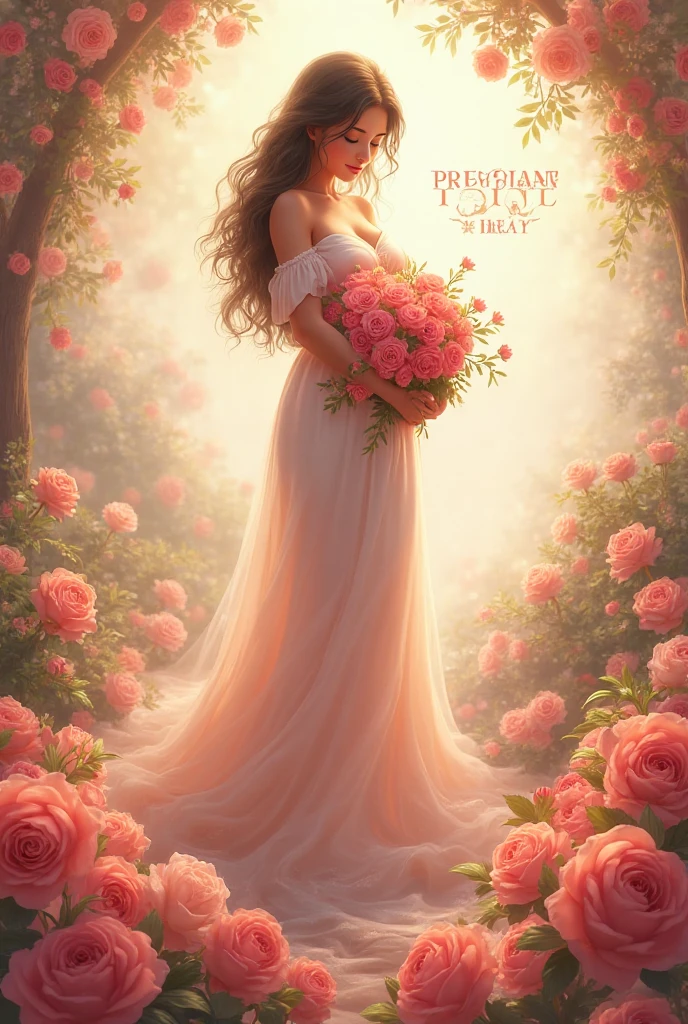Beautiful pregnant girl stuffed with medium dark hair and a wreath of flowers on her head, her hand is on her belly and purple dress drawn sideways 



