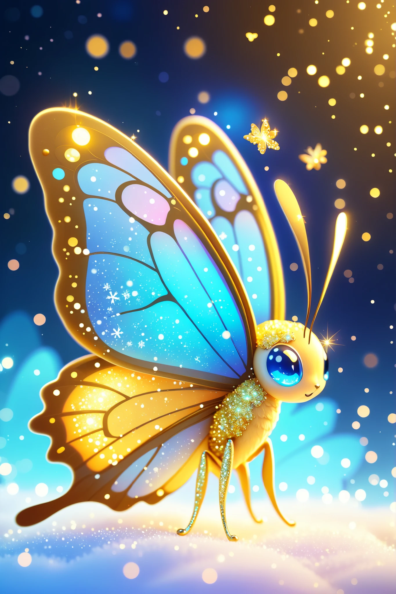 (Best quality:1.2), beautifully detailed chibi butterfly, ethereal, snowflakes, glitter, gold glimmer, Shimmer, bokeh, dynamic angle, bioluminescent lighting, volumetric lighting, 8k resolution, illustration
