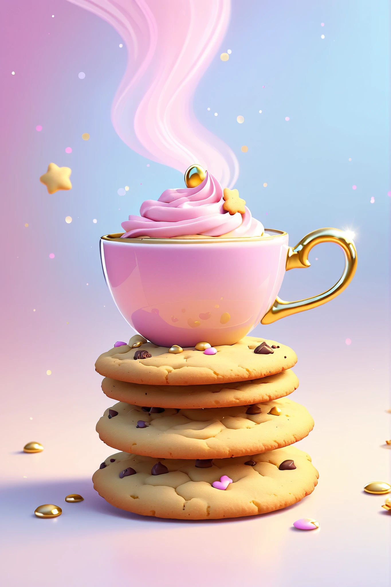 (masterpiece), (best quality), (ultra detailed), a cartoon illustration of luxury cookies and tea, aesthetic, fantasy, 12k resolution, pink undertones