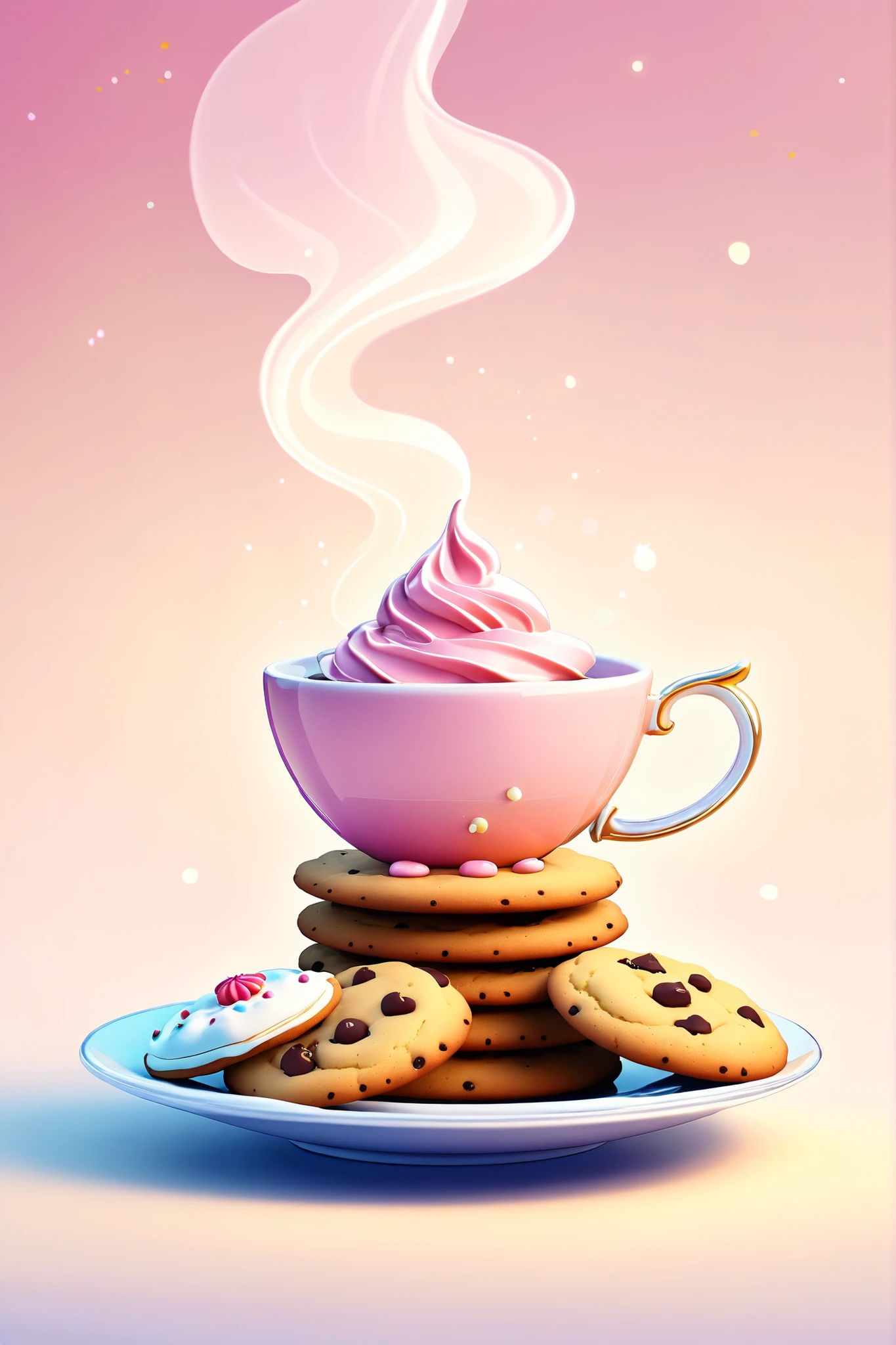 (masterpiece), (best quality), (ultra detailed), a cartoon illustration of luxury cookies and tea, aesthetic, fantasy, 12k resolution, pink undertones