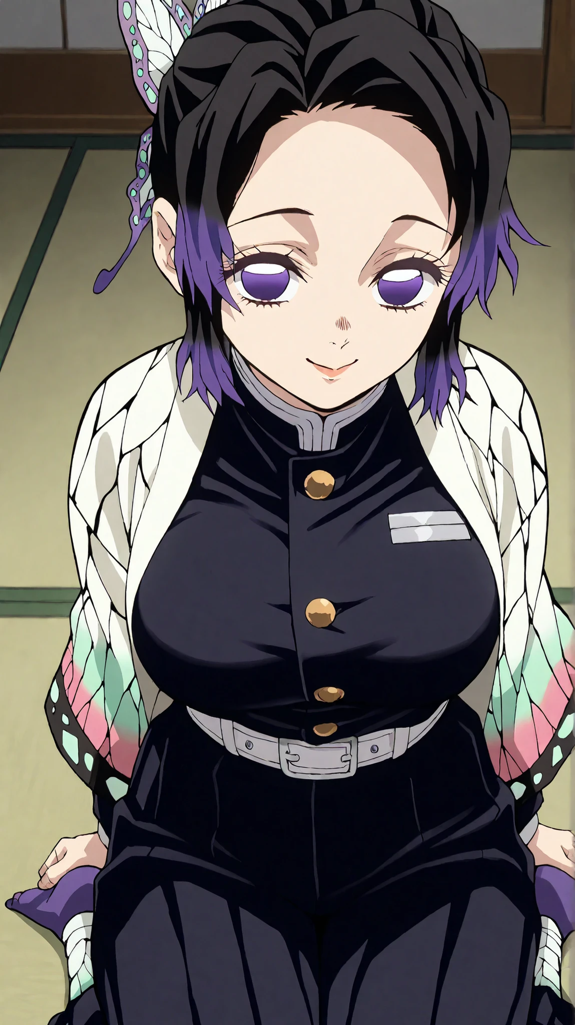 Shinobukochou
High quality , top quality , masterpiece, high res, detailed face ,, is entangled with his hands and feet in front of an anatomically correct ,
1 girl, Alone, 1 woman ,solo, Detailed hairstyles (lora: Shinobu Kochou)
, Shinobu Kocho, black tied hair ,, butterfly hair ornament, purple eyes, shortcuts, slightly larger breasts, short hair with shadows, short hair
Black pants , kimono, demon Slayer uniform , Long Sleeve ,Bangs that expose the forehead,
indoor, Japanese-style room,Tatami
Turn your gaze ,Face towards the viewer,closeup
high angle
seductive smile, hands behind,Arms behind back