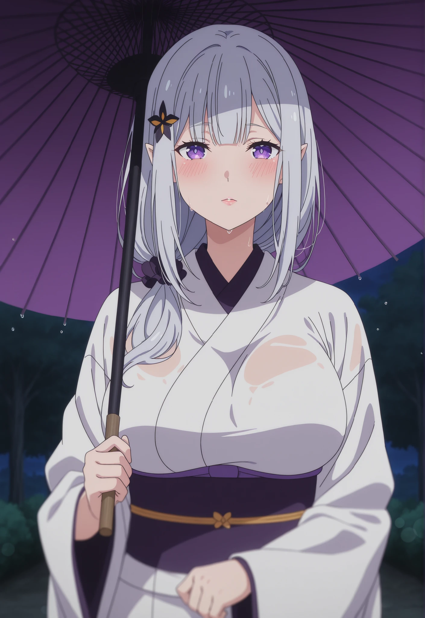 newest , masterpiece , anime screencap , anime coloring , adult ReZero, Solo, long dress, Satella, Anime, 1girl, Mature Female, pointy ears, hair ornament, blush, silver hair, long hair, lips, purple eyes, big breast, view detailed body, Curvy, japanese clothes, white kimono, oil-paper umbrella,holding,staiding on old japanese kyoto town night road, tree, night,),looking at viewer,(rain:1.2),wet,(((((depth of field,))))),from
