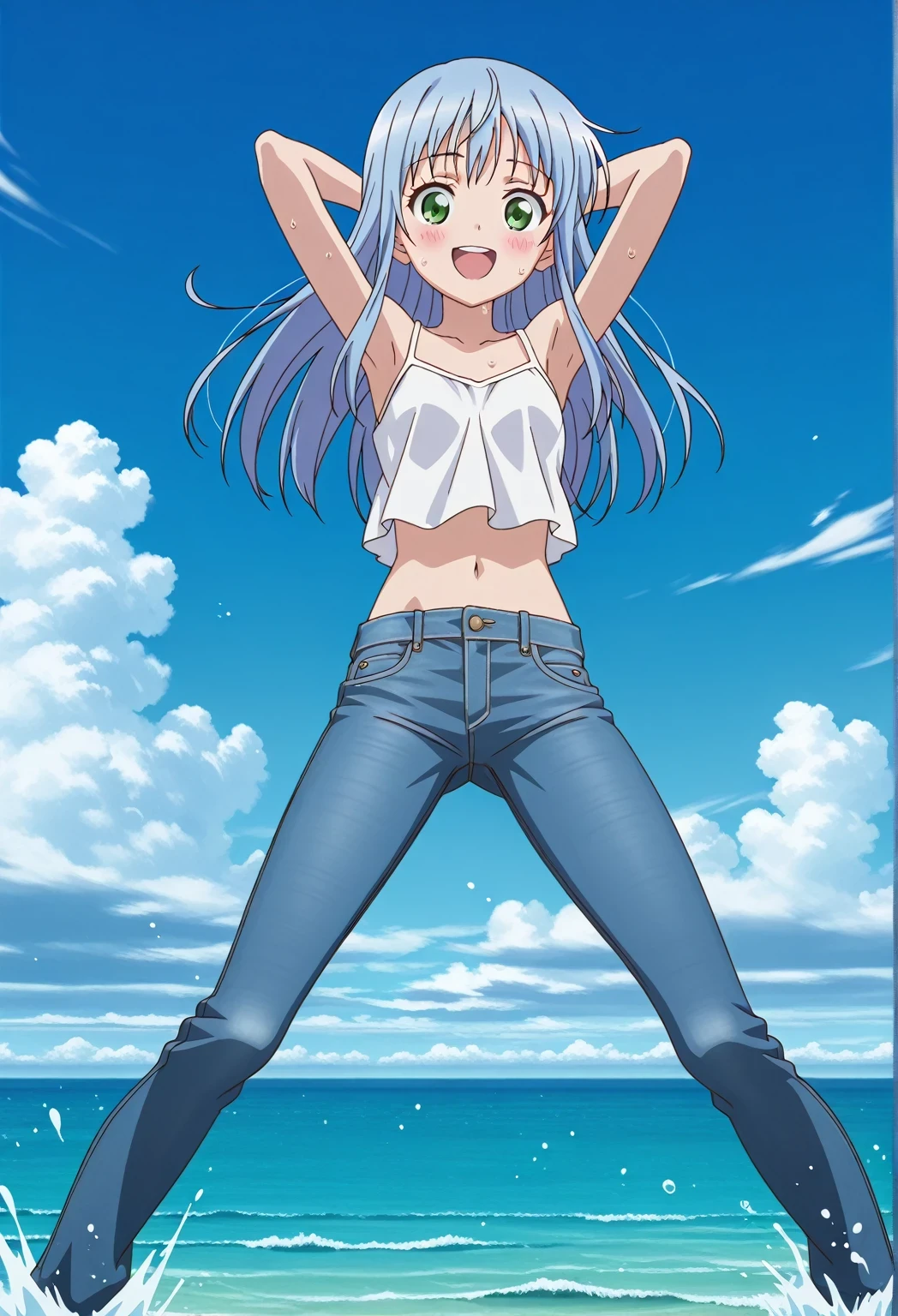 score_9, score_8_up, score_7_up, source_anime, highres, hi res, ((best quality, top quality, perfect quality, Highest Quality, amazing quality)), {{masterpiece}}, {{an extremely delicate and beautiful}}, 2d, intricate details, official style, anime, 8k, anime style, official_anime, official art, digital painting, cell shading, soft shading, high resolution, soothing tones, Subdued Color, Soft cinematic light, adobe lightroom, photolab, HDR, intricately and hyper-detailed, ((high quality animation)), 1 girl, Alone, solo, ((ocean)), tsunami, on the water, day, sunny, outdoors, sky, windy, index librorum prohibitorum, green eyes, blue hair, long hair, anime screencap, small breasts, white camisole top, crop top, white crop top, best quality, hyper-detailed jeans, ((blue jeans:1.9)), (dark blue jeans:0.6), full medium body, medium shot, Open mouth, smiling, happy face, blush, sweat, standing, ((arms behind head:6.0)), bowlegged, jumping pose, action, looking at viewer, spread legs, Bend knees slightly, straight-on front view