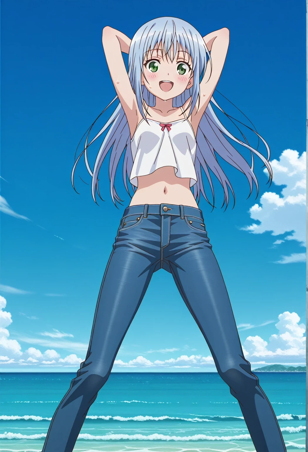 score_9, score_8_up, score_7_up, source_anime, highres, hi res, ((best quality, top quality, perfect quality, Highest Quality, amazing quality)), {{masterpiece}}, {{an extremely delicate and beautiful}}, 2d, intricate details, official style, anime, 8k, anime style, official_anime, official art, digital painting, cell shading, soft shading, high resolution, soothing tones, Subdued Color, Soft cinematic light, adobe lightroom, photolab, HDR, intricately and hyper-detailed, ((high quality animation)), 1 girl, Alone, solo, ((ocean)), tsunami, on the water, day, sunny, outdoors, sky, windy, index librorum prohibitorum, green eyes, light blue hair, long hair, anime screencap, small breasts, white camisole top, crop top, white crop top, best quality, hyper-detailed jeans, ((blue jeans:1.9)), (dark blue jeans:0.6), full medium body, medium shot, Open mouth, smiling, happy face, blush, sweat, standing, ((arms behind head:6.0)), bowlegged, jumping pose, action, looking at viewer, spread legs, Bend knees slightly, straight-on front view