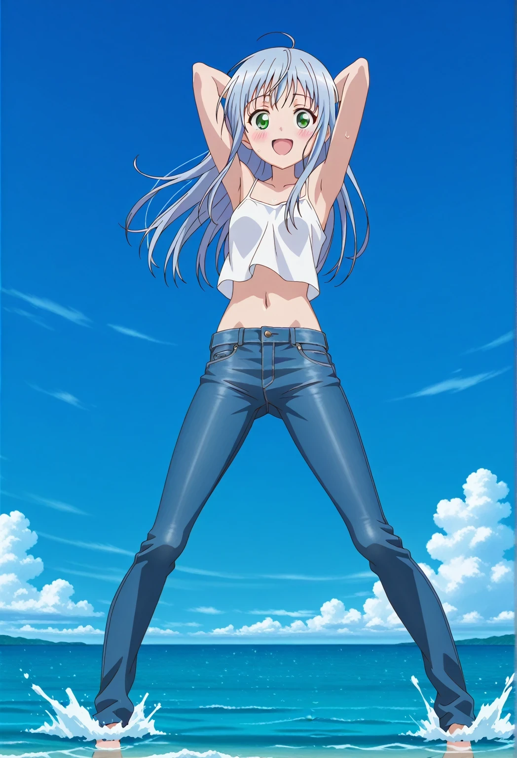 score_9, score_8_up, score_7_up, source_anime, highres, hi res, ((best quality, top quality, perfect quality, Highest Quality, amazing quality)), {{masterpiece}}, {{an extremely delicate and beautiful}}, 2d, intricate details, official style, anime, 8k, anime style, official_anime, official art, digital painting, cell shading, soft shading, high resolution, soothing tones, Subdued Color, Soft cinematic light, adobe lightroom, photolab, HDR, intricately and hyper-detailed, ((high quality animation)), 1 girl, Alone, solo, ((ocean)), tsunami, on the water, day, sunny, outdoors, sky, windy, index librorum prohibitorum, green eyes, light blue hair, long hair, anime screencap, small breasts, white camisole top, crop top, white crop top, best quality, hyper-detailed jeans, ((blue jeans:1.9)), (dark blue jeans:0.6), full medium body, medium shot, Open mouth, smiling, happy face, blush, sweat, standing, ((arms behind head:6.0)), bowlegged, jumping pose, action, looking at viewer, spread legs, Bend knees slightly, straight-on front view